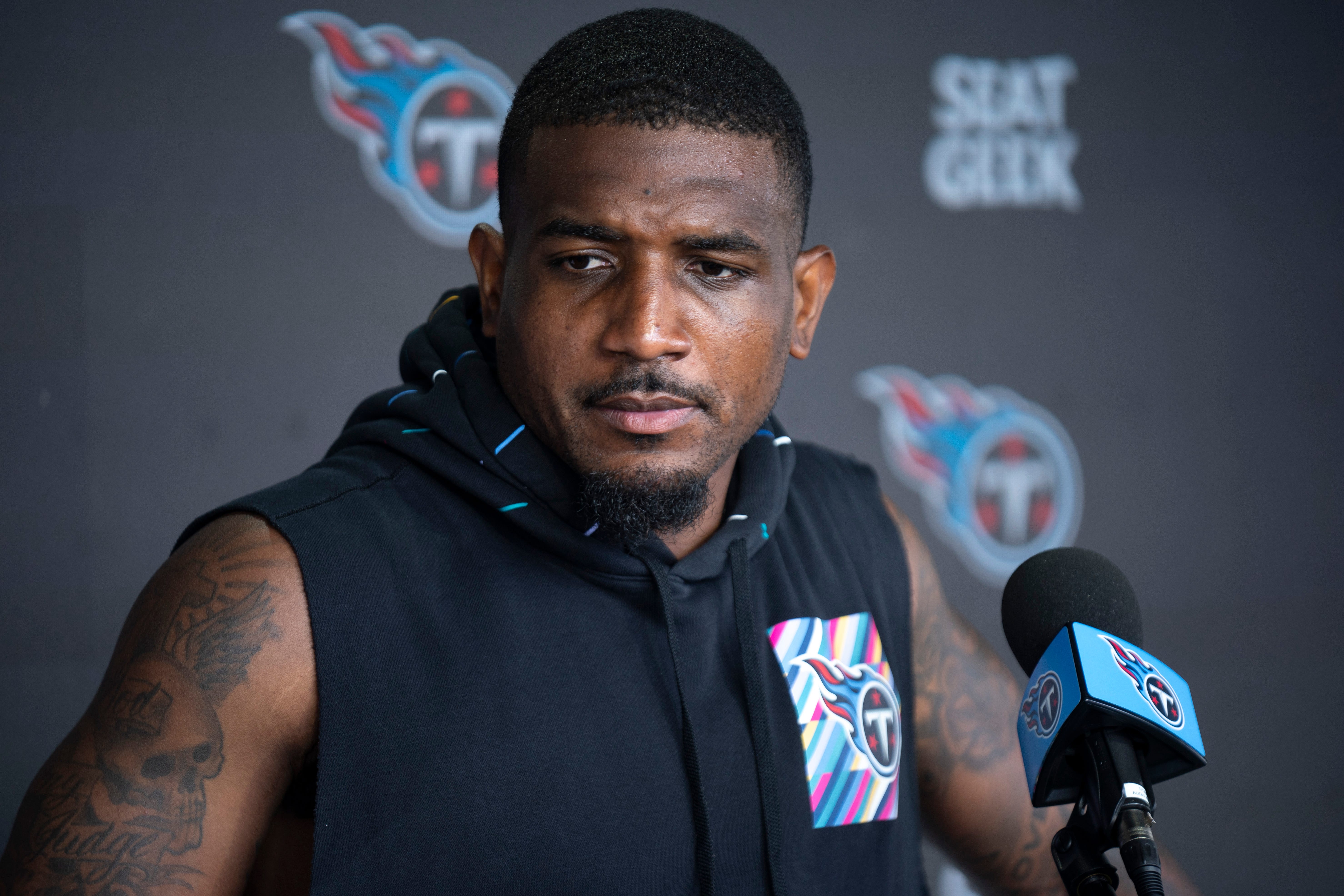 Tennessee Titans safety Quandre Diggs (26) fields questions from the media during training camp at Ascension Saint Thomas Sports Park Wednesday, Aug. 7, 2024 Denny Simmons / The Tennessean-USA TODAY NETWORK