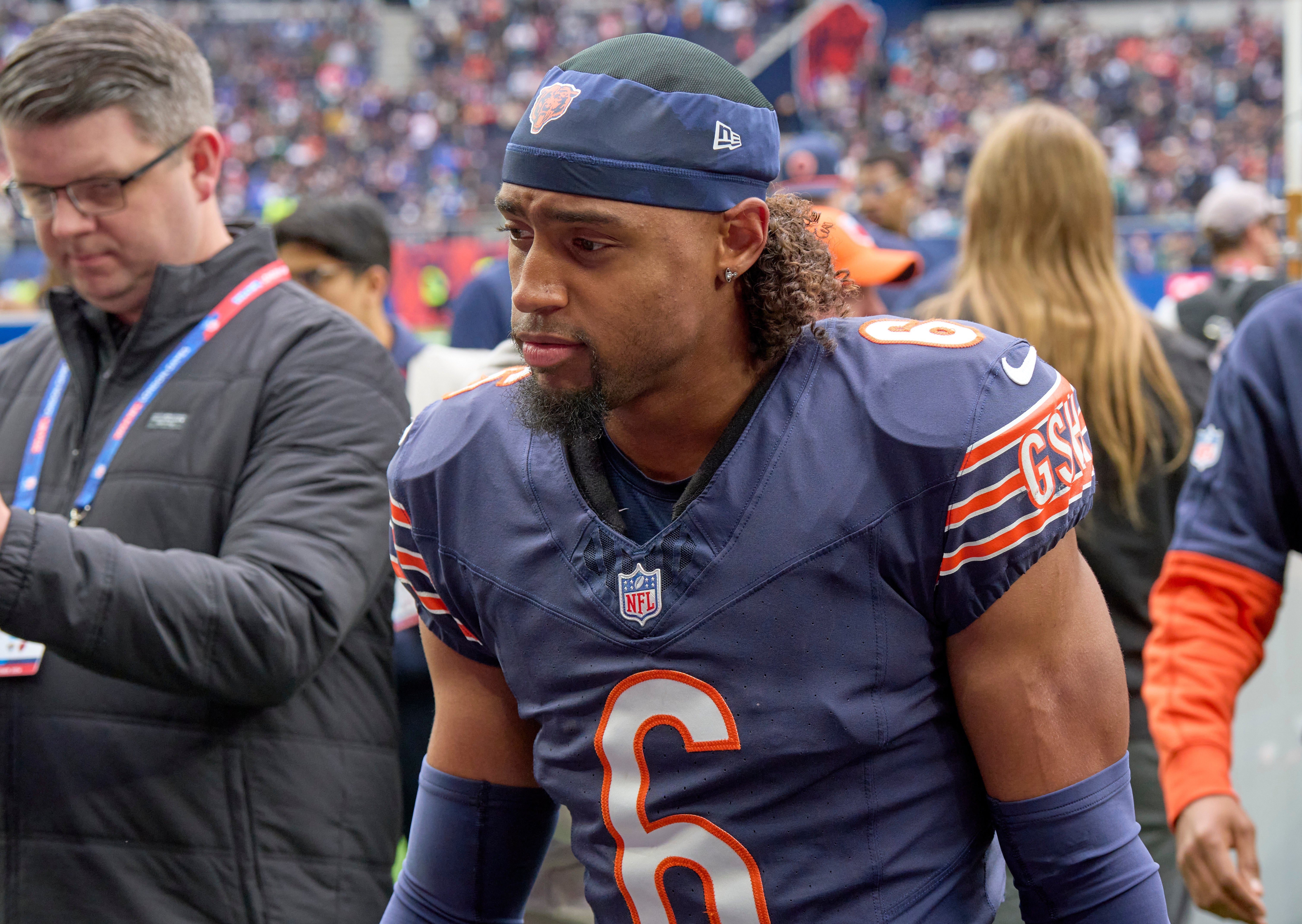 Oct 13, 2024; London, United Kingdom; Chicago Bears cornerback Kyler Gordon (6) leaves the field after an NFL International Series game at Tottenham Hotspur Stadium.