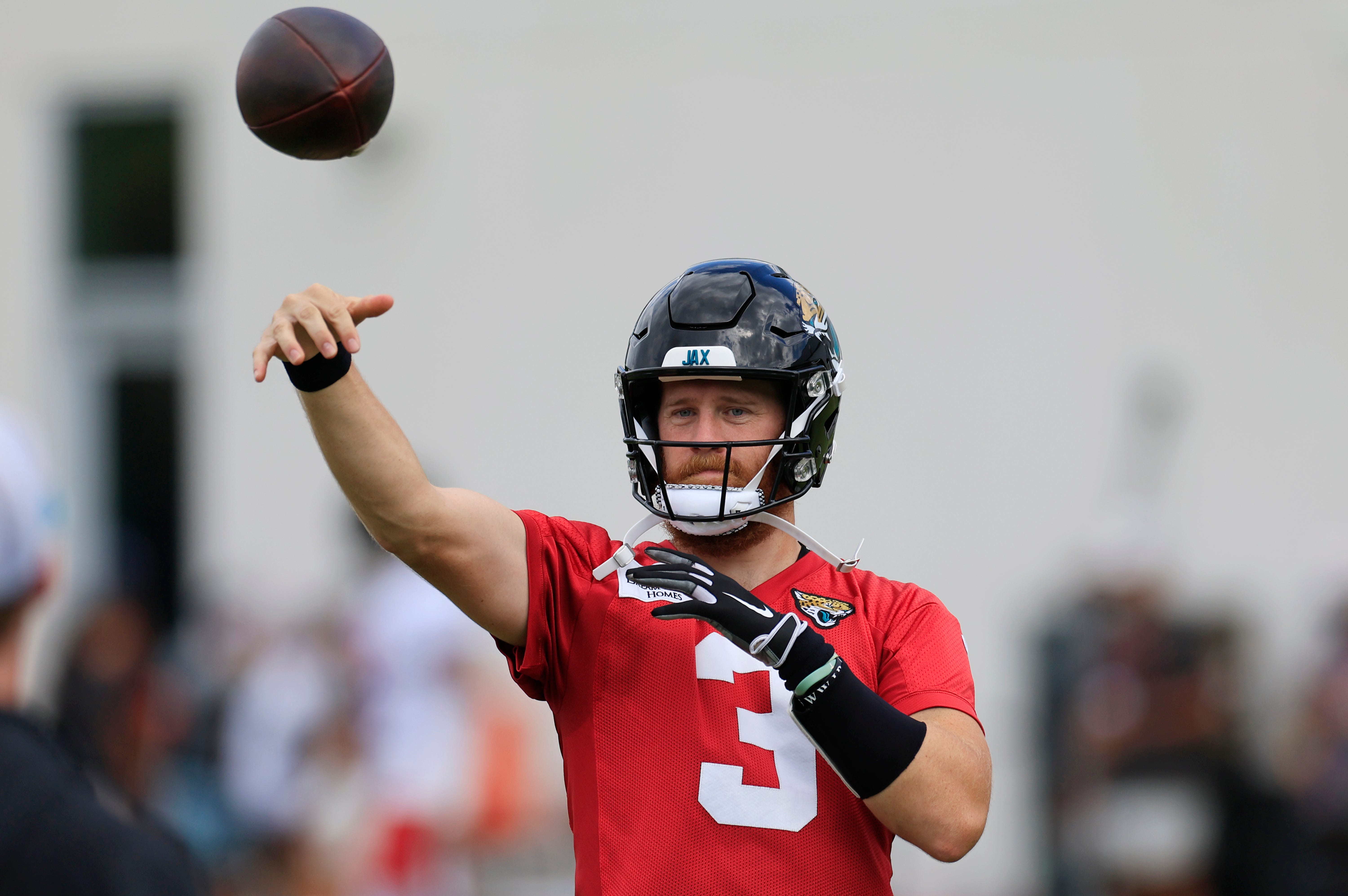 Jacksonville Jaguars quarterback C.J. Beathard (3) throws the ball during a combined NFL football training camp session between the Tampa Bay Buccaneers and Jacksonville Jaguars Thursday, Aug. 15, 2024 at EverBank Stadium’s Miller Electric Center in Jacksonville, Fla.
