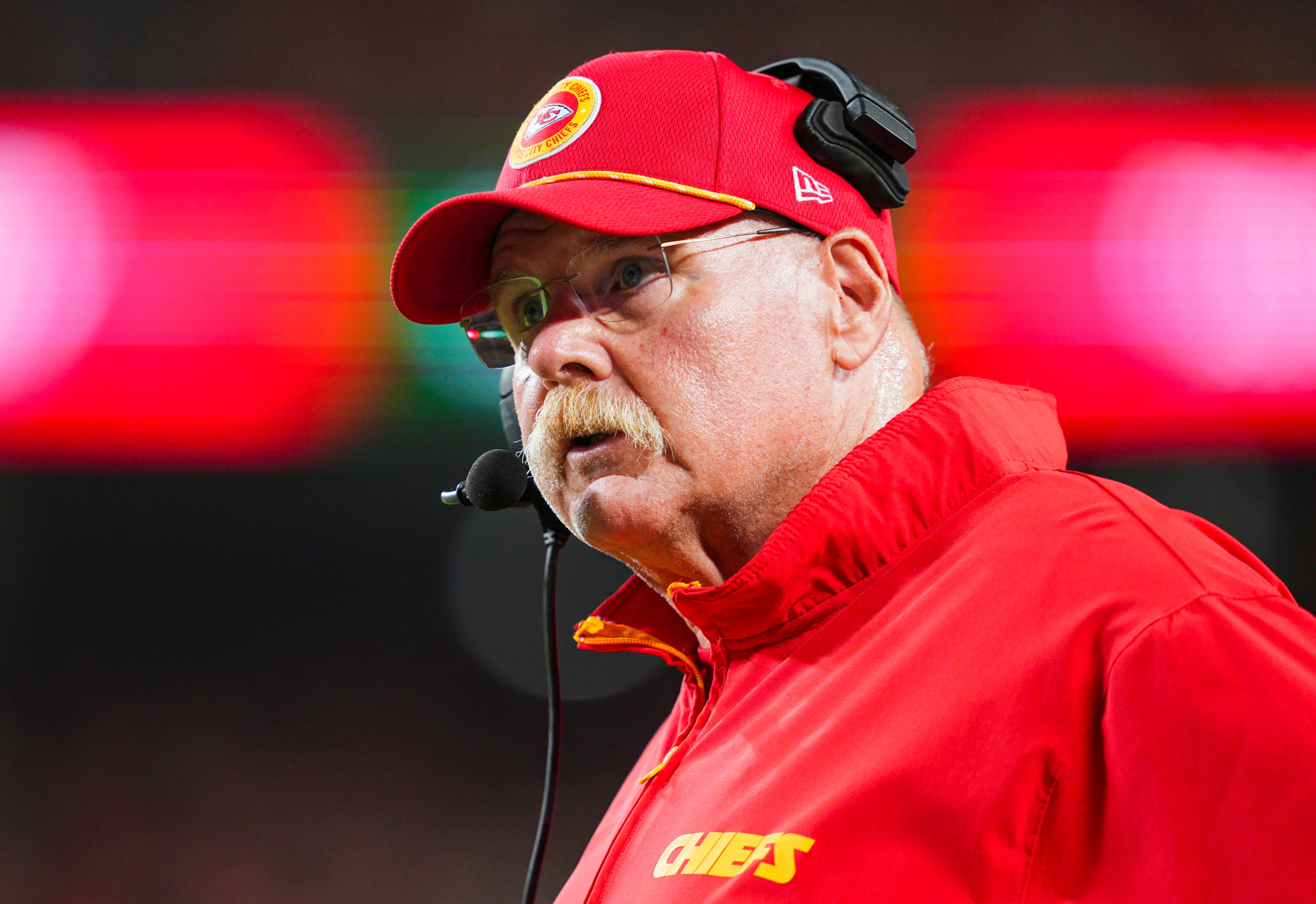 Sep 5, 2024; Kansas City, Missouri, USA; Kansas City Chiefs head coach Andy Reid reacts during the first half against the Baltimore Ravens at GEHA Field at Arrowhead Stadium.