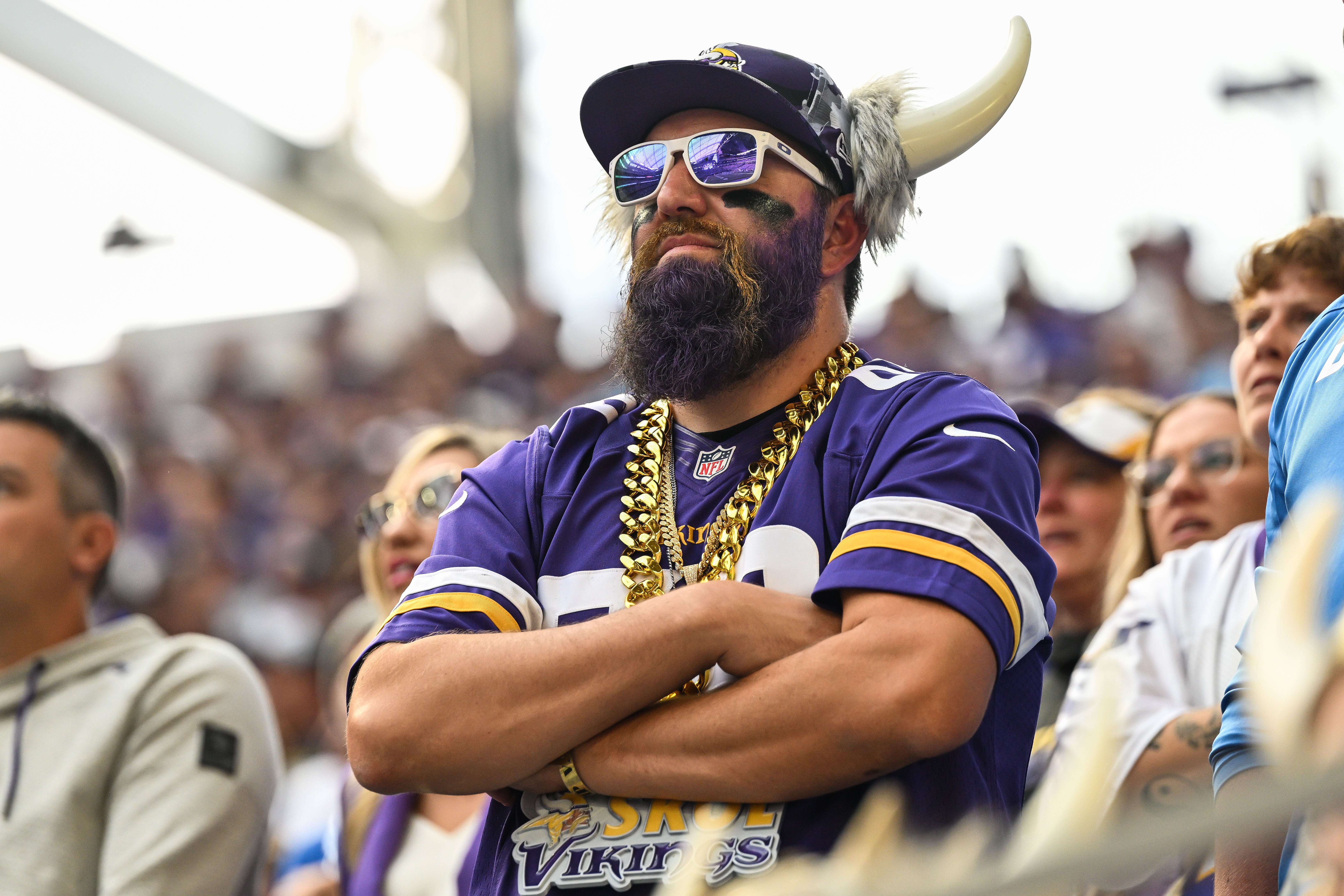 Oct 20, 2024; Minneapolis, Minnesota, USA; Minnesota Vikings fans react late during the fourth quarter against the Detroit Lions at U.S. Bank Stadium.