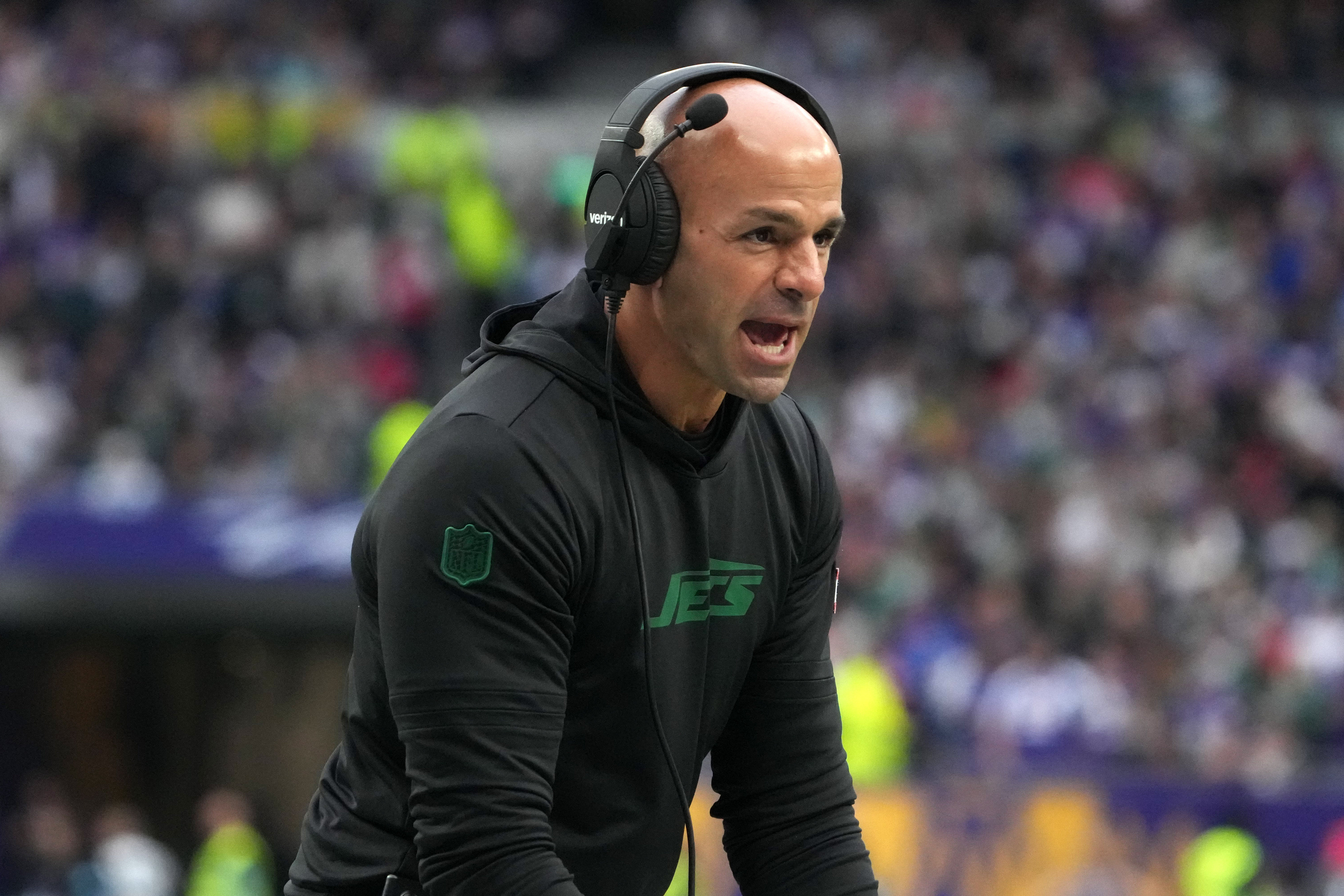 New York Jets coach Robert Saleh reacts against the Minnesota Vikings in the first half at Tottenham Hotspur Stadium.