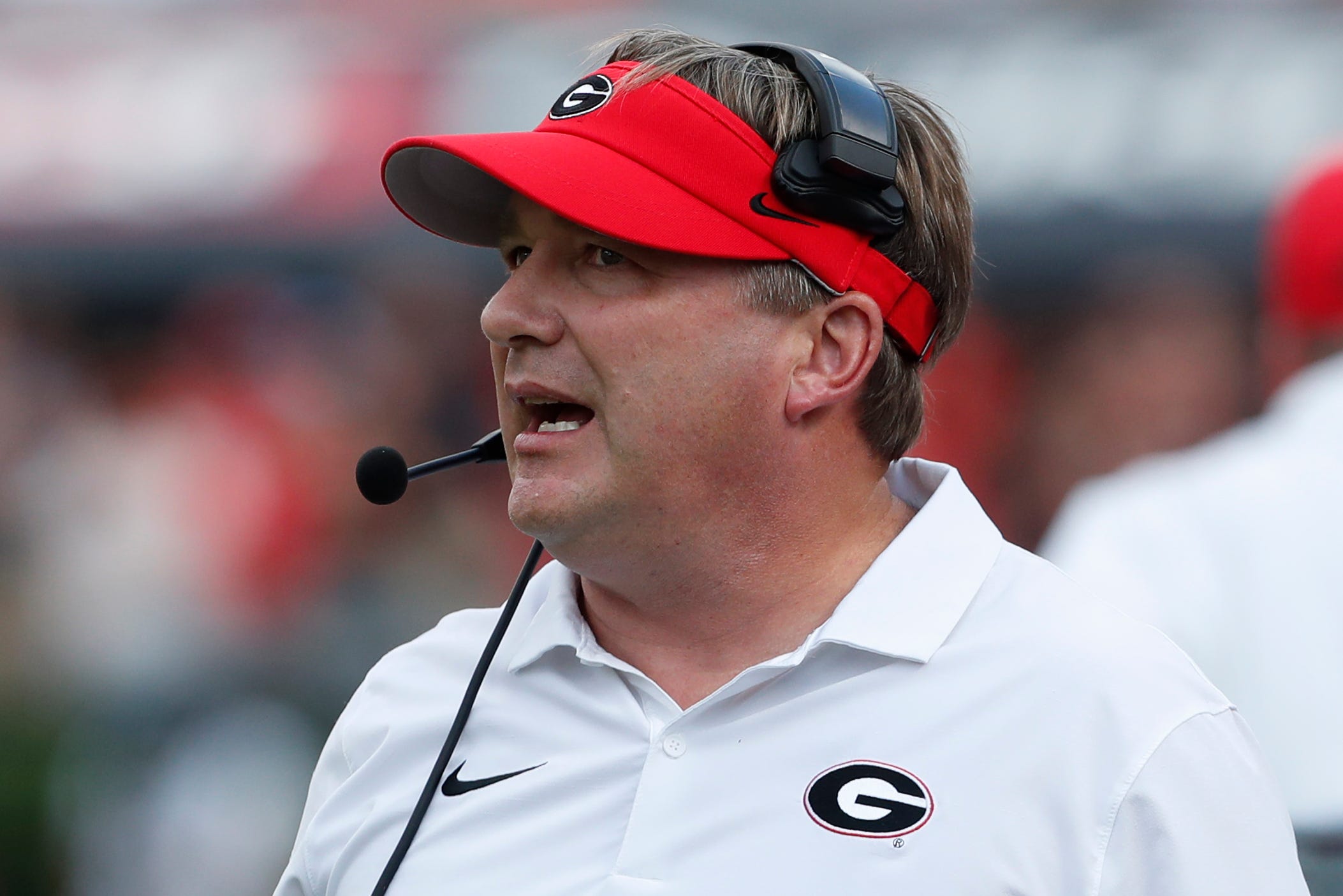 Georgia head coach Kirby Smart on the sideline during the first half of a NCAA college football game against Auburn in Athens, Ga., on Saturday, Oct. 5, 2024.