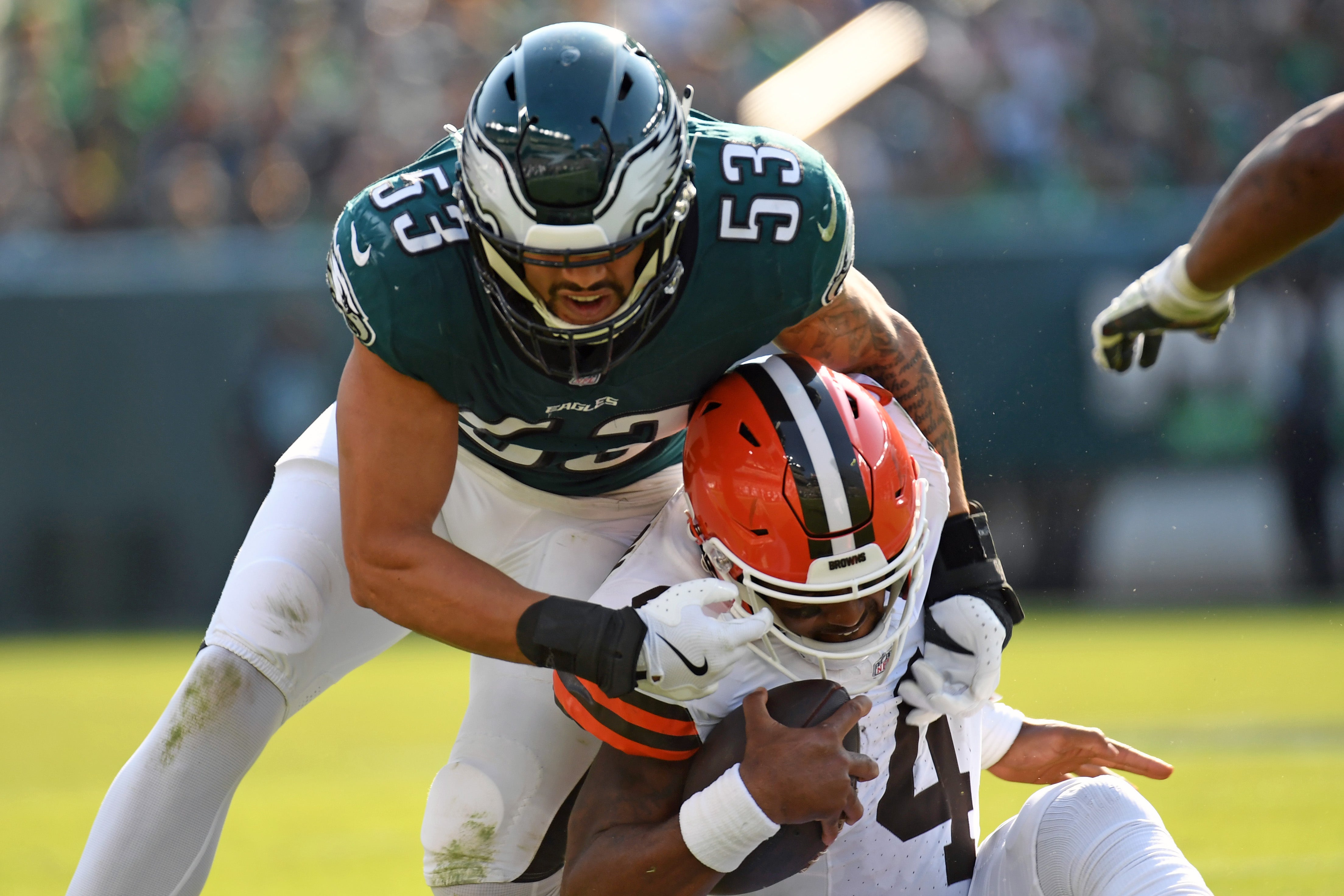Philadelphia Eagles linebacker Zack Baun (53) tackles Cleveland Browns quarterback Deshaun Watson (4) at Lincoln Financial Field.