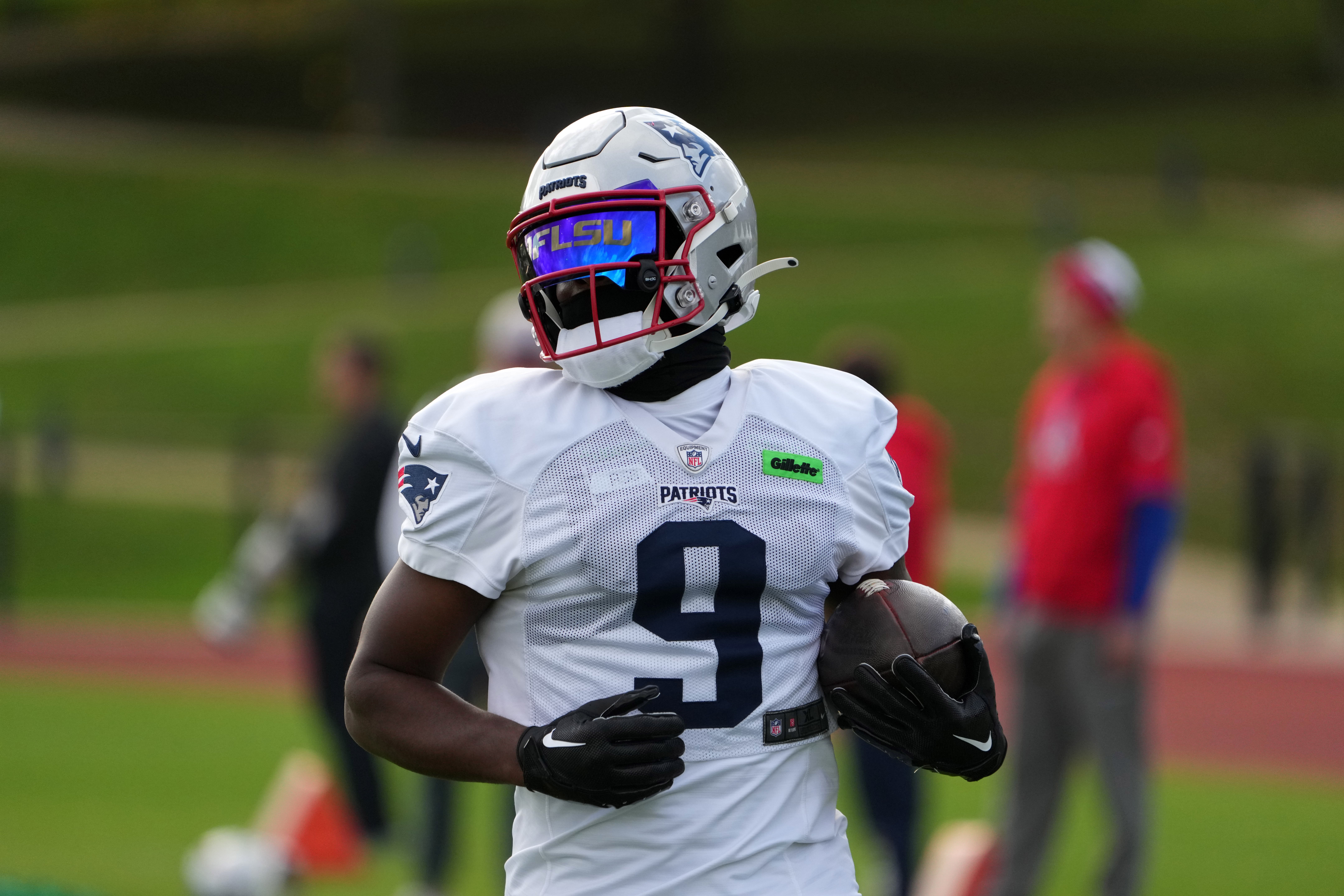 Oct 18, 2024; London, United Kingdom; New England Patriots wide receiver Kayshon Boutte (9) carries the ball during practice at the Harrow School.
