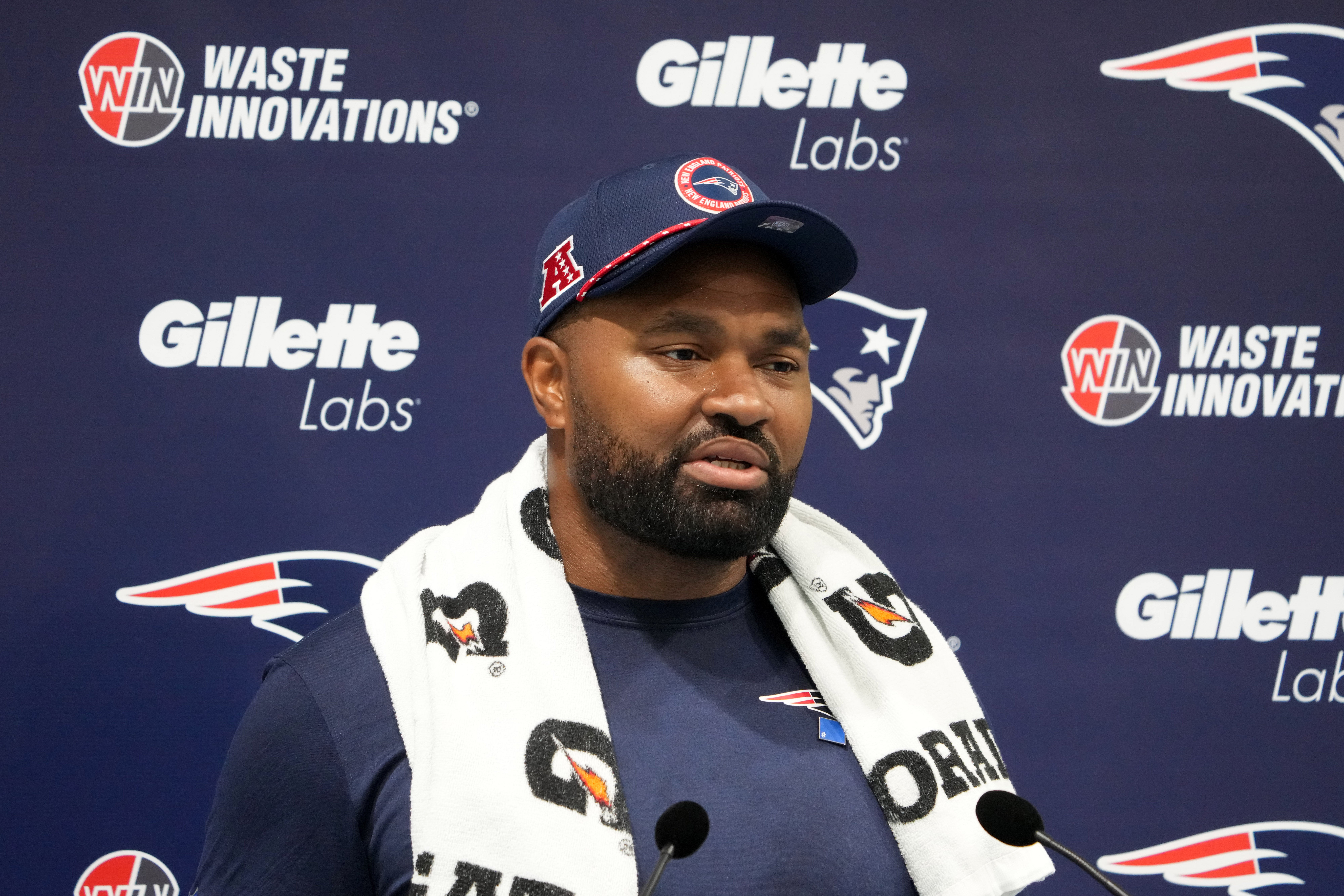 Oct 18, 2024; London, United Kingdom; New England Patriots coach Jerod Mayo at press conference at the Harrow School.