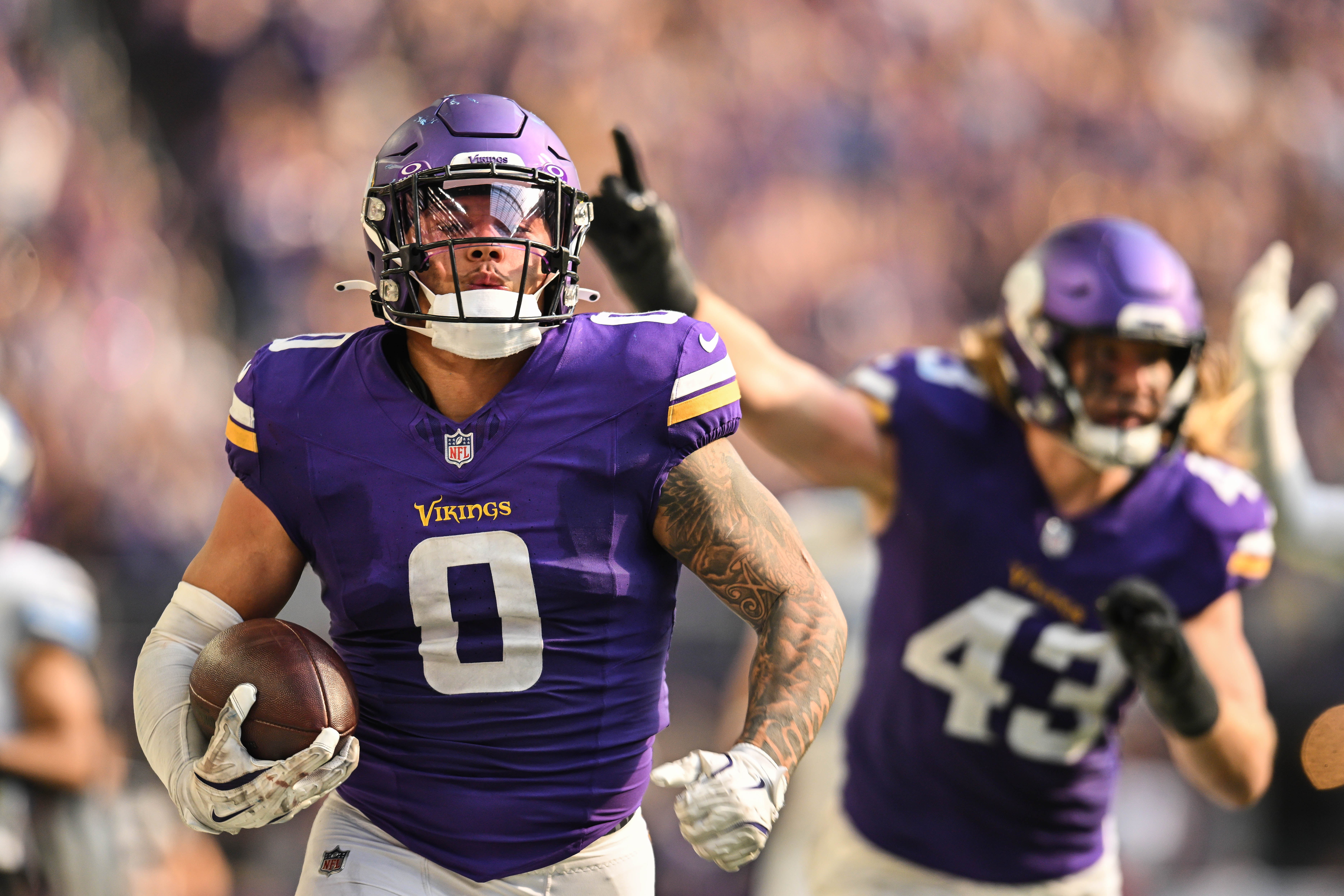 Oct 20, 2024; Minneapolis, Minnesota, USA; Minnesota Vikings linebacker Ivan Pace Jr. (0) returns a fumble 36 yards for a touchdown against the Detroit Lions during the fourth quarter at U.S. Bank Stadium.