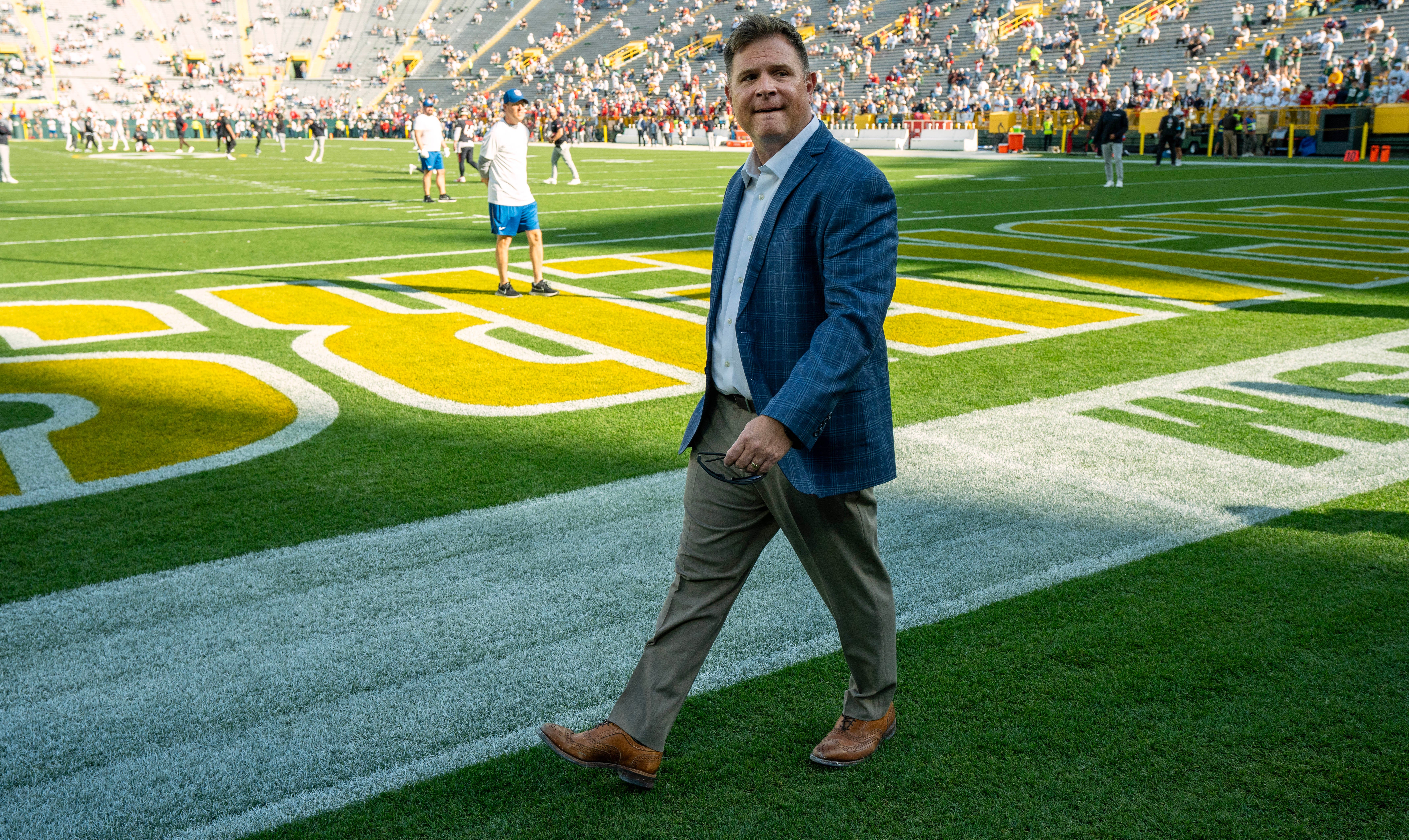 Green Bay Packers general manager Brian Gutekunst is shown before their game against the Houston Texans at Lambeau Field.