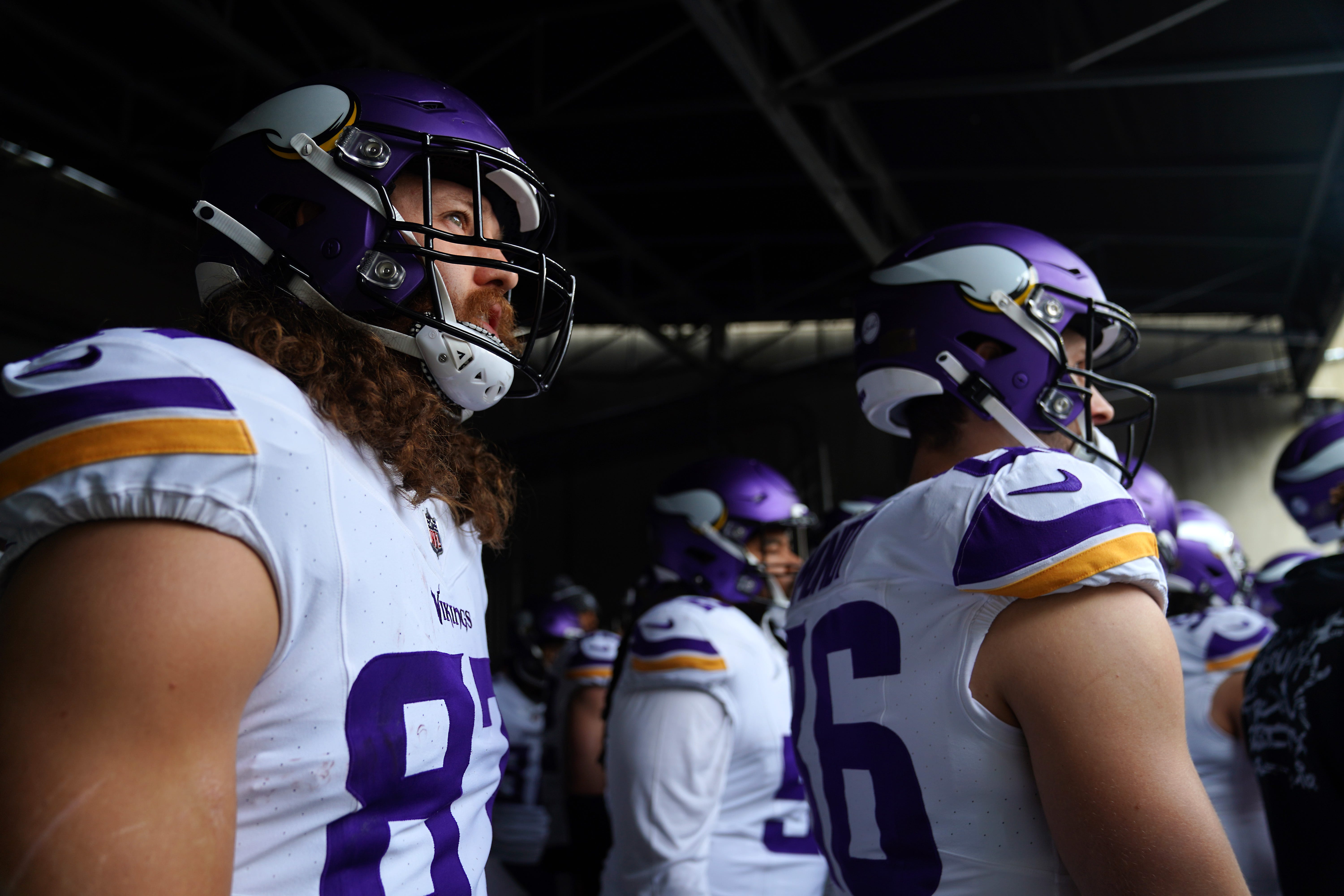Minnesota Vikings tight end T.J. Hockenson (87) and the Minnesota Vikings prepare to take the field prior to a Week 15 NFL football game between the Minnesota Vikings and the Cincinnati Bengals, Saturday, Dec. 16, 2023, at Paycor Stadium in Cincinnati. The Cincinnati Bengals won 27-24 in overtime.