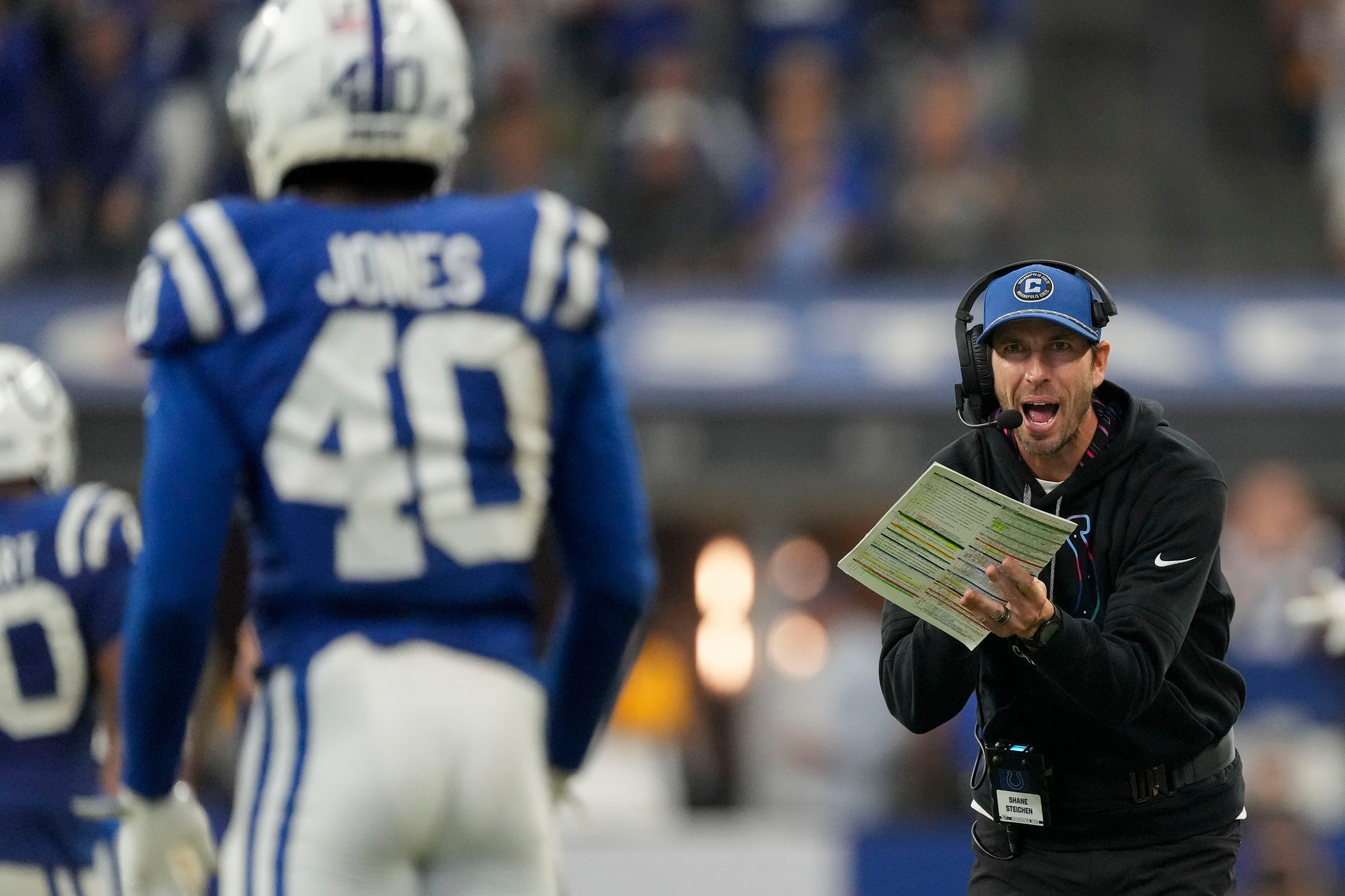 Indianapolis Colts head coach Shane Steichen yells to his players Sunday, Sept. 29, 2024, during a game against the Pittsburgh Steelers at Lucas Oil Stadium in Indianapolis.
