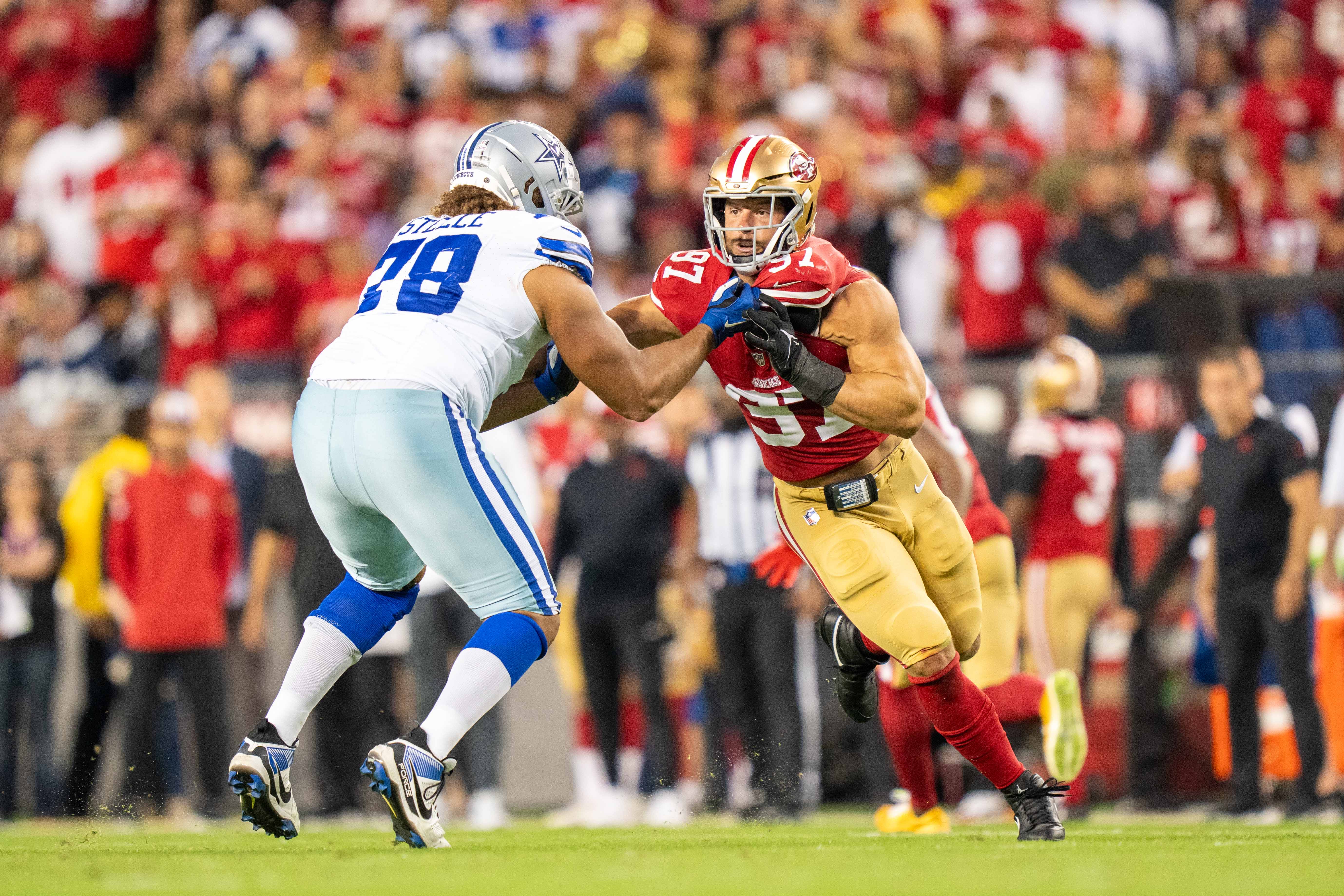 San Francisco 49ers defensive end Nick Bosa (97) rushes Dallas Cowboys offensive tackle Terence Steele (78) during the second quarter at Levi's Stadium.