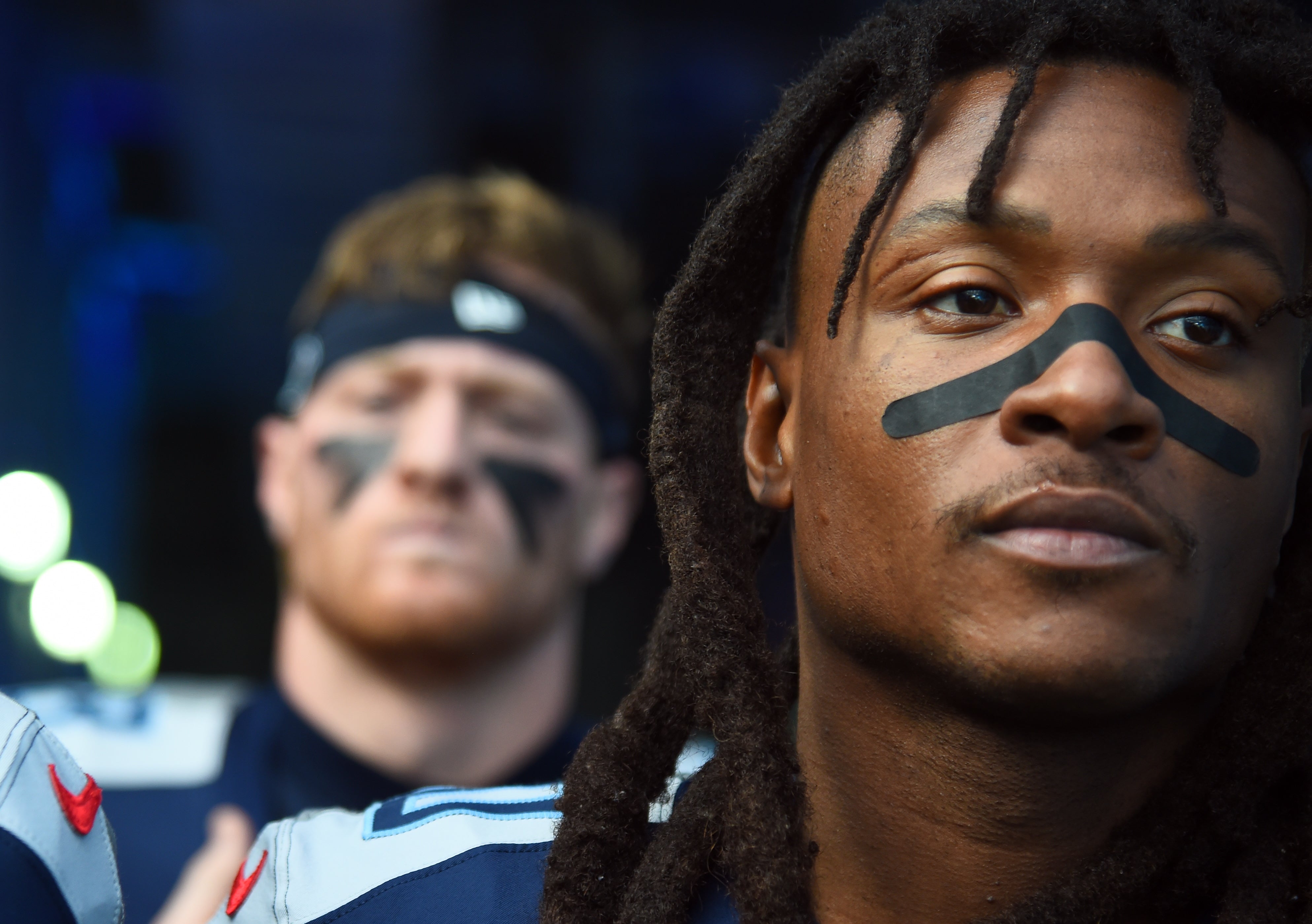 Dec 3, 2023; Nashville, Tennessee, USA; Tennessee Titans wide receiver DeAndre Hopkins (10) and quarterback Will Levis (8) wait to take the field before the game against the Indianapolis Colts at Nissan Stadium. Mandatory Credit: Christopher Hanewinckel-Imagn Images
