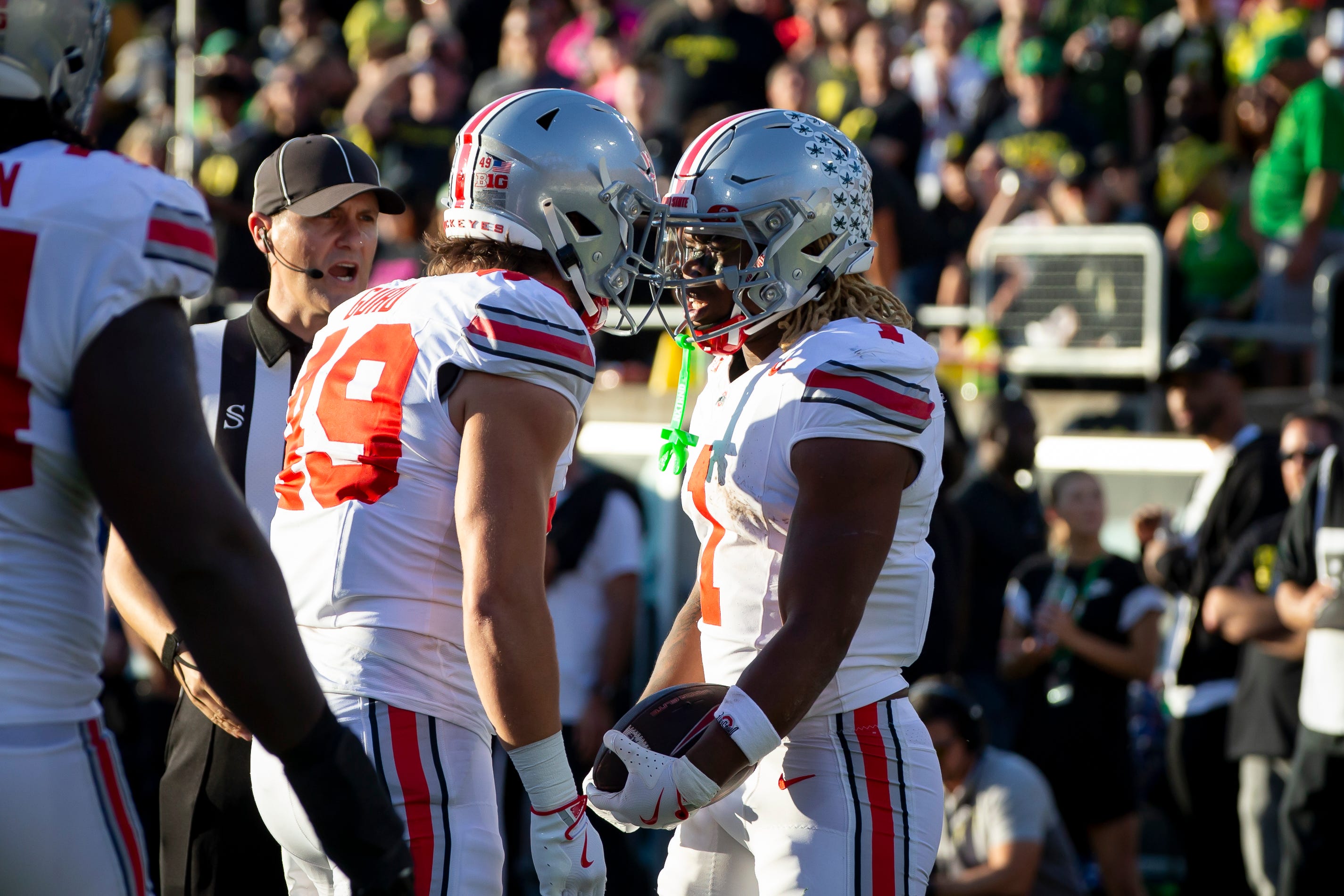 Ohio State Buckeyes running back Quinshon Judkins celebrates a touchdown with Ohio State Buckeyes tight end Patrick Gurd as the No. 3 Oregon Ducks host the No. 2 Ohio State Buckeyes Saturday, Oct. 12, 2024 at Autzen Stadium in Eugene, Ore.