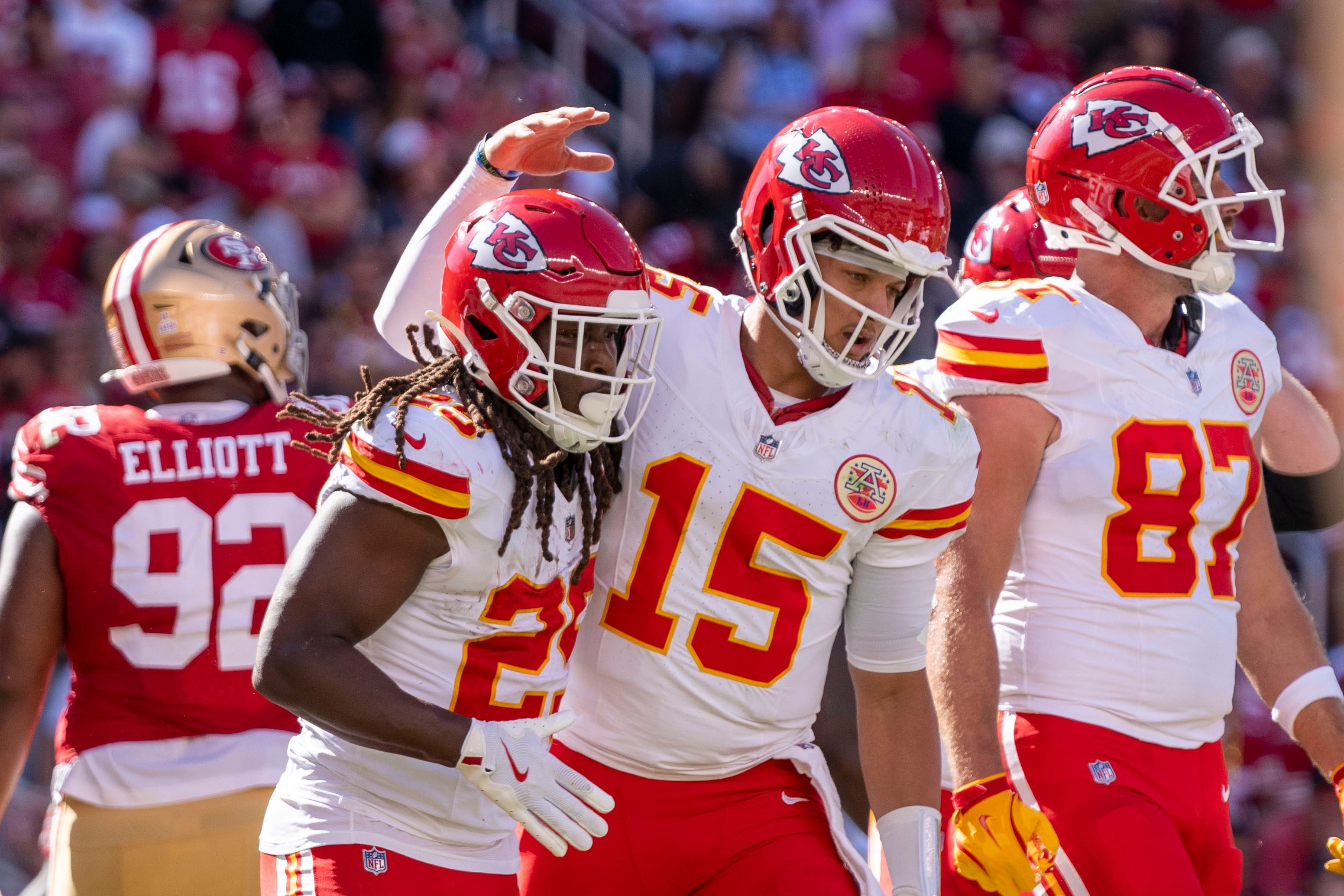 October 20, 2024; Santa Clara, California, USA; Kansas City Chiefs running back Kareem Hunt (29) is congratulated by quarterback Patrick Mahomes (15) after scoring a touchdown against the San Francisco 49ers during the second quarter at Levi's Stadium.