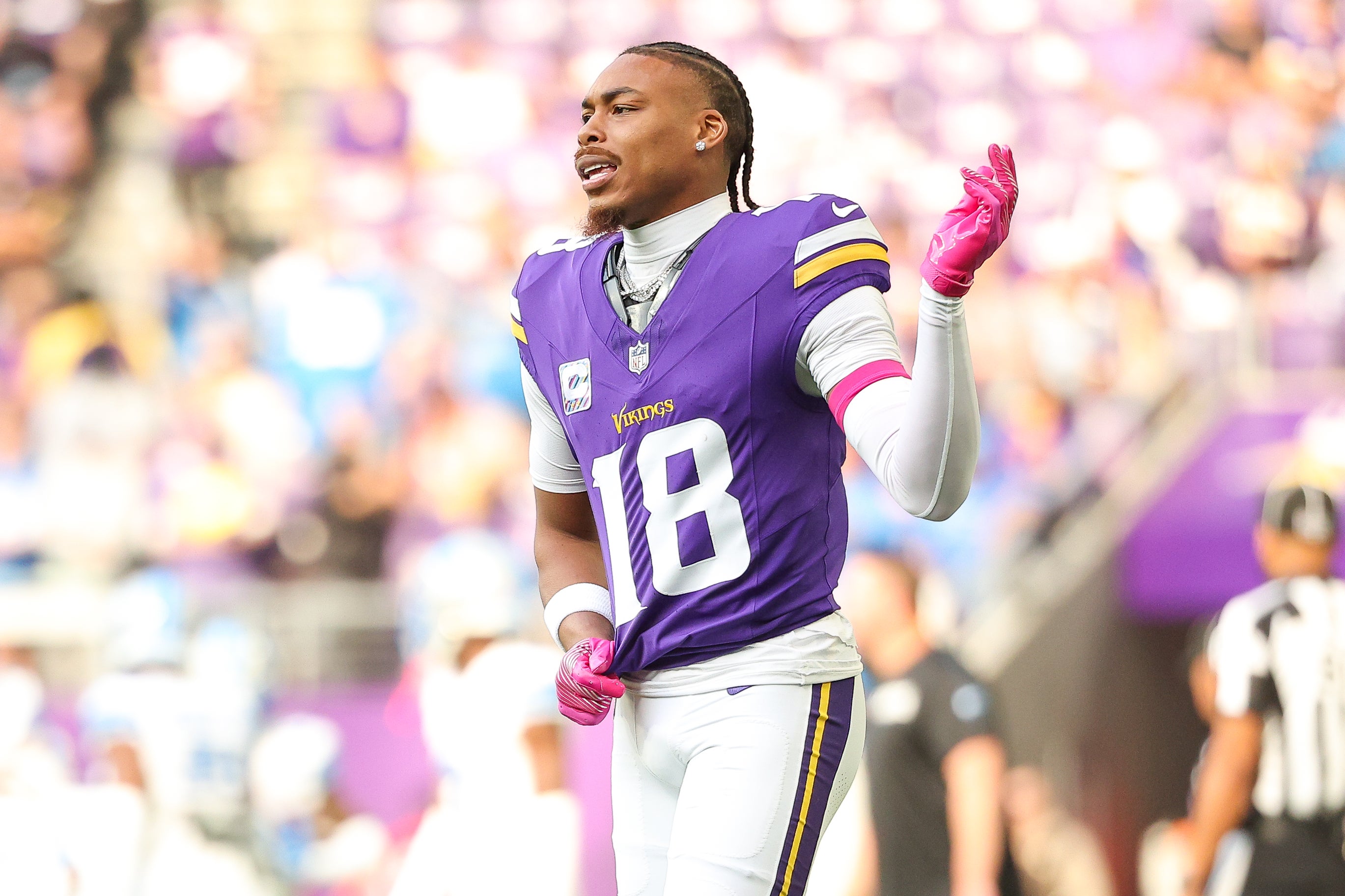 Oct 20, 2024; Minneapolis, Minnesota, USA; Minnesota Vikings wide receiver Justin Jefferson (18) warms up before the game against the Detroit Lions at U.S. Bank Stadium.