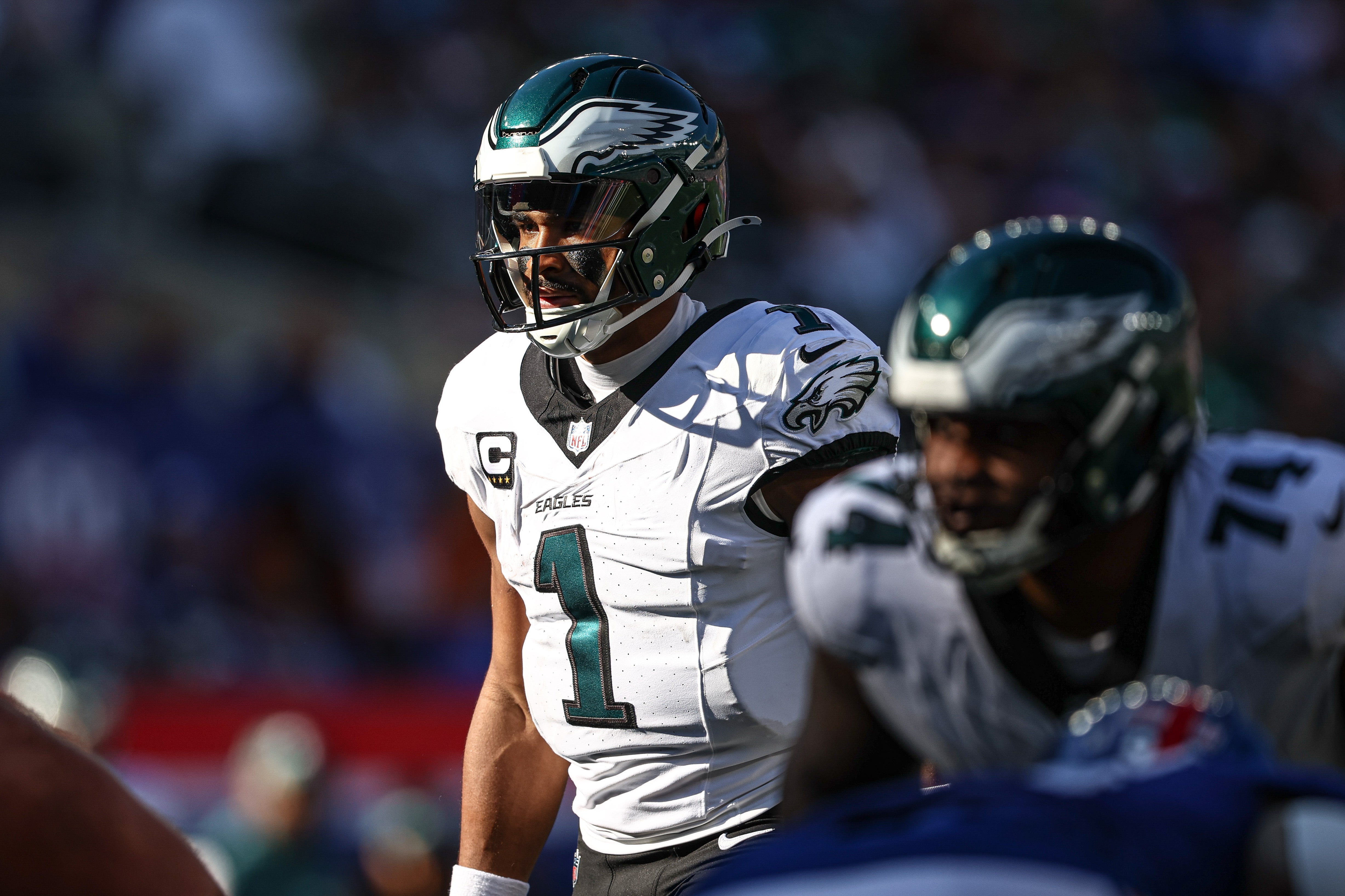 Philadelphia Eagles quarterback Jalen Hurts (1) signals before a snap during the second half against the New York Giants at MetLife Stadium.