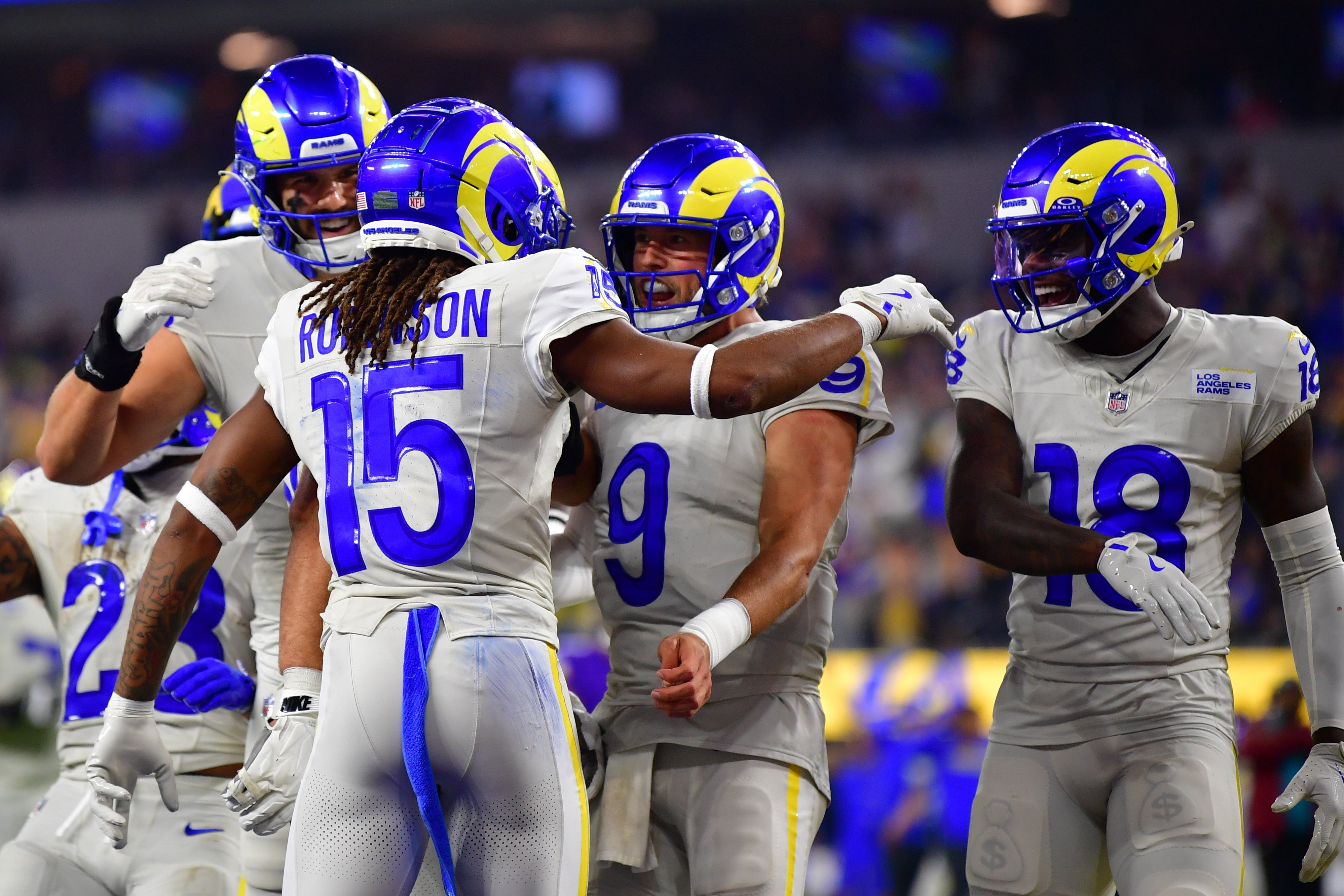 Rams wide receiver Demarcus Robinson celebrates his touchdown scored against the against the Vikings with quarterback Matthew Stafford.