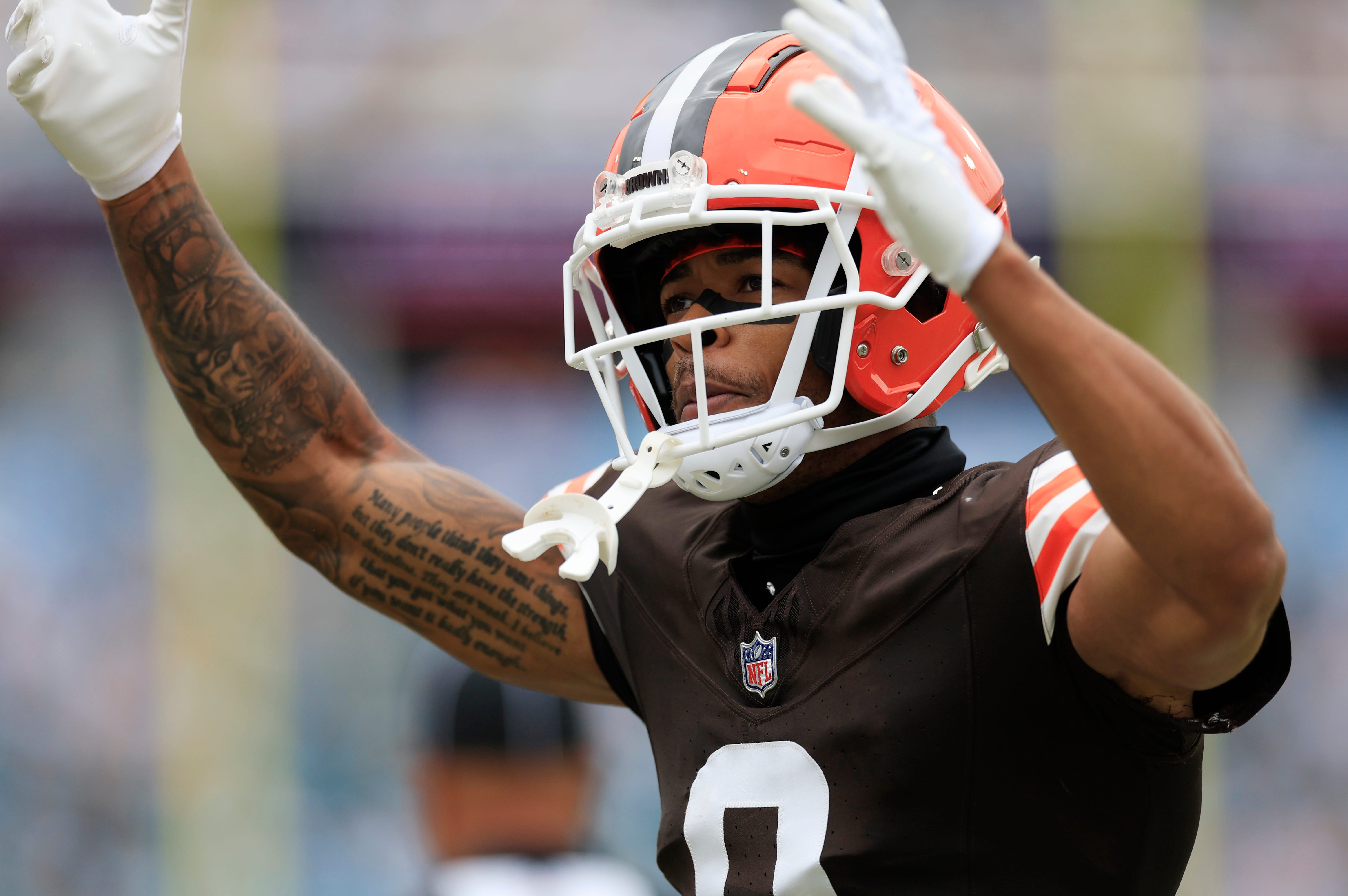 Cleveland Browns cornerback Greg Newsome II (0) reacts on a third down stop during the first quarter of an NFL football matchup Sunday, Sept. 15, 2024 at EverBank Stadium in Jacksonville, Fla.