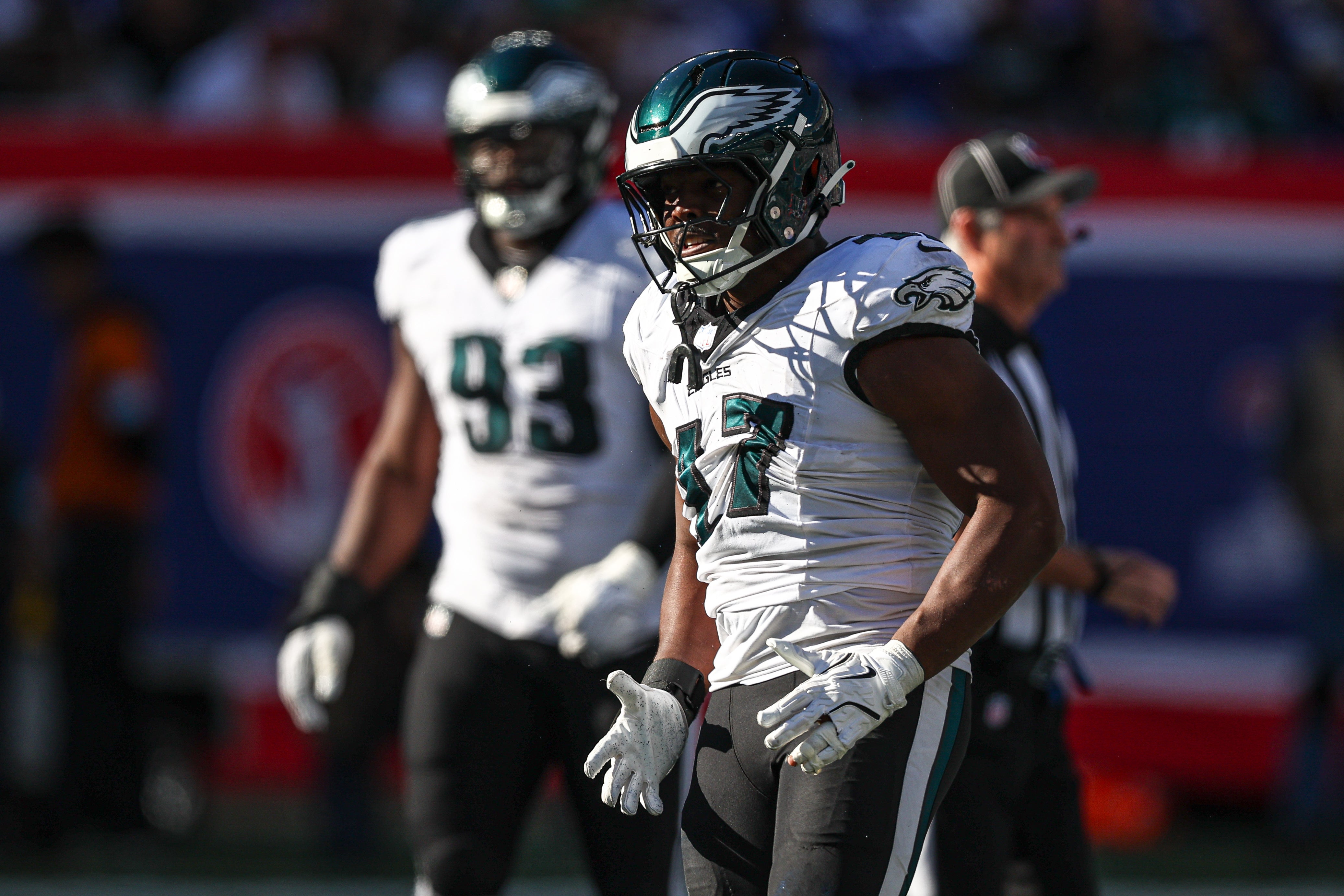 Philadelphia Eagles linebacker Nakobe Dean (17) celebrates after a defensive stop during the second half against the New York Giants at MetLife Stadium.