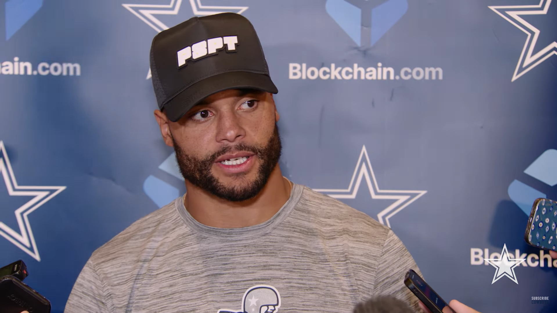 Dallas Cowboys quarterback Dak Prescott talks to reporters ahead of San Francisco 49ers matchup in Week 8.