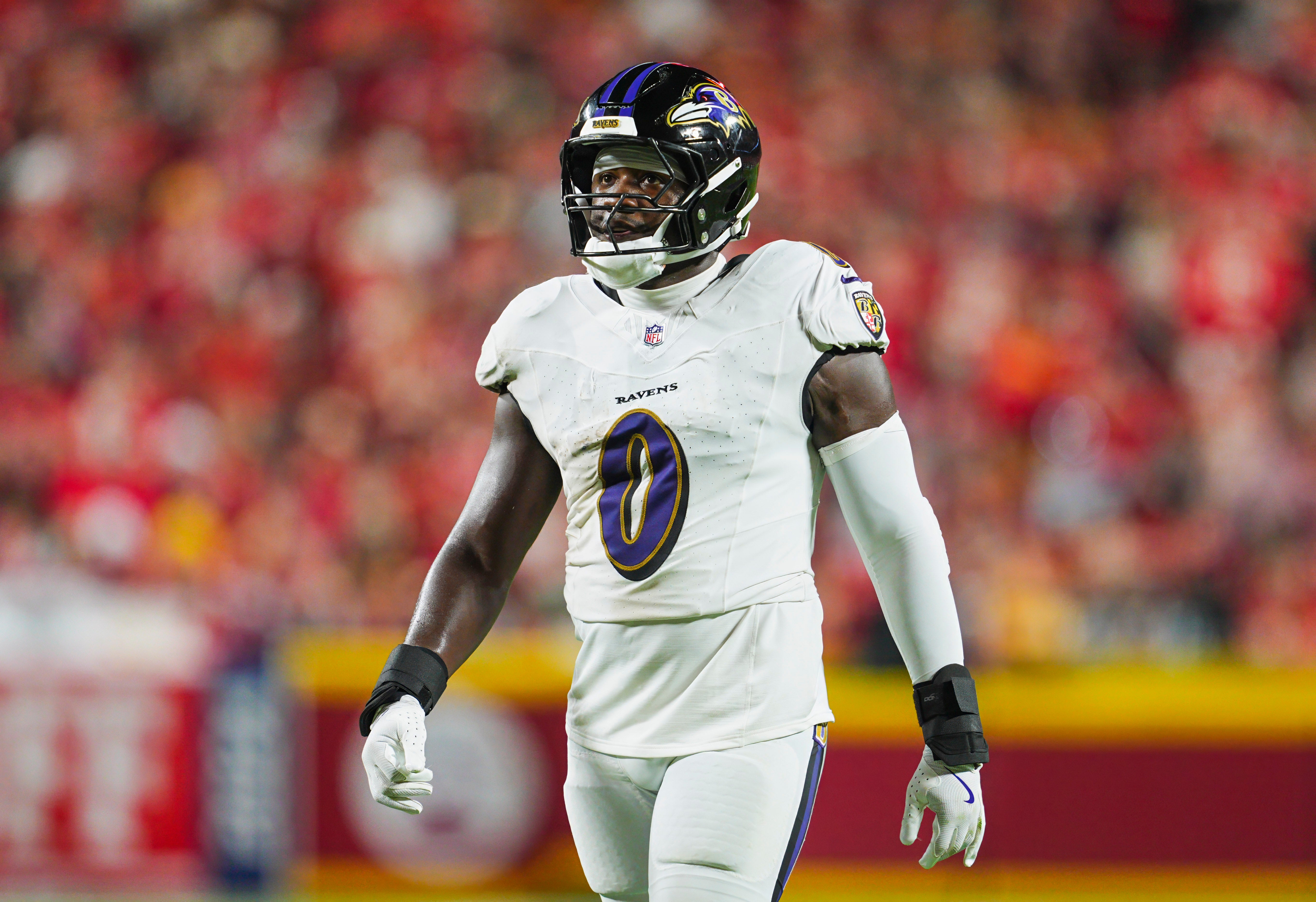 Sep 5, 2024; Kansas City, Missouri, USA; Baltimore Ravens linebacker Roquan Smith (0) during the second half against the Kansas City Chiefs at GEHA Field at Arrowhead Stadium.