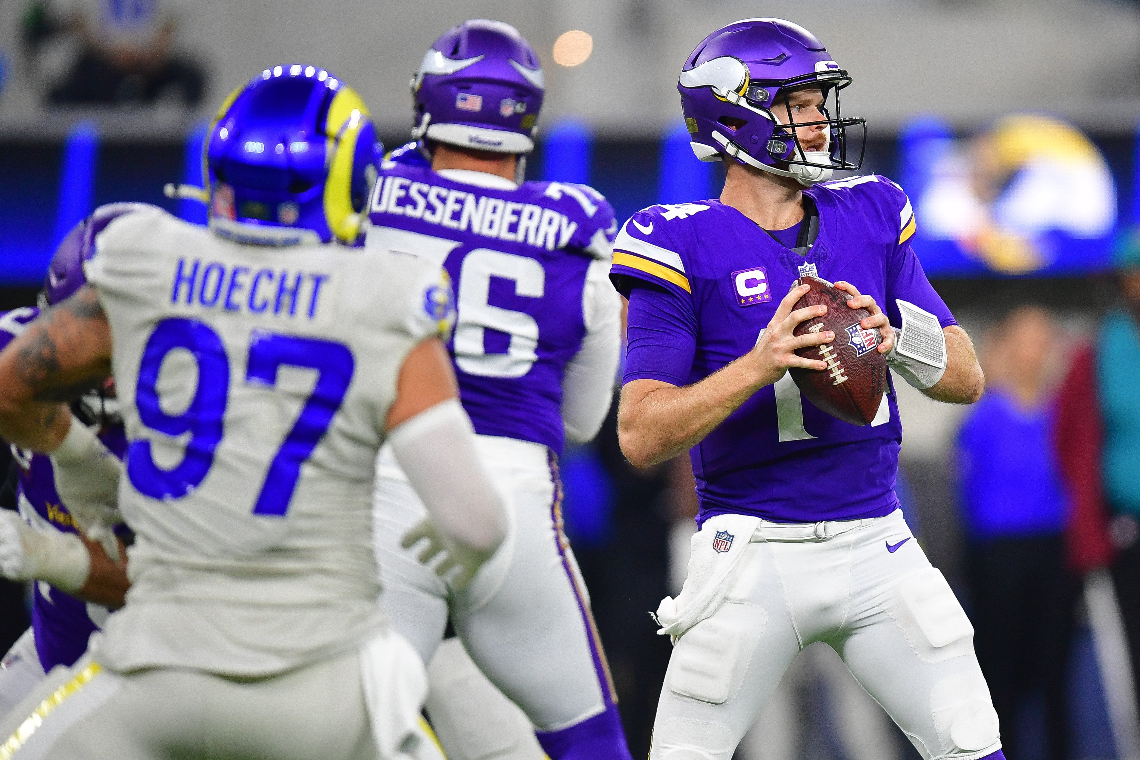 Oct 24, 2024; Inglewood, California, USA; Minnesota Vikings quarterback Sam Darnold (14) drops back to pass against the Los Angeles Rams during the second half at SoFi Stadium.