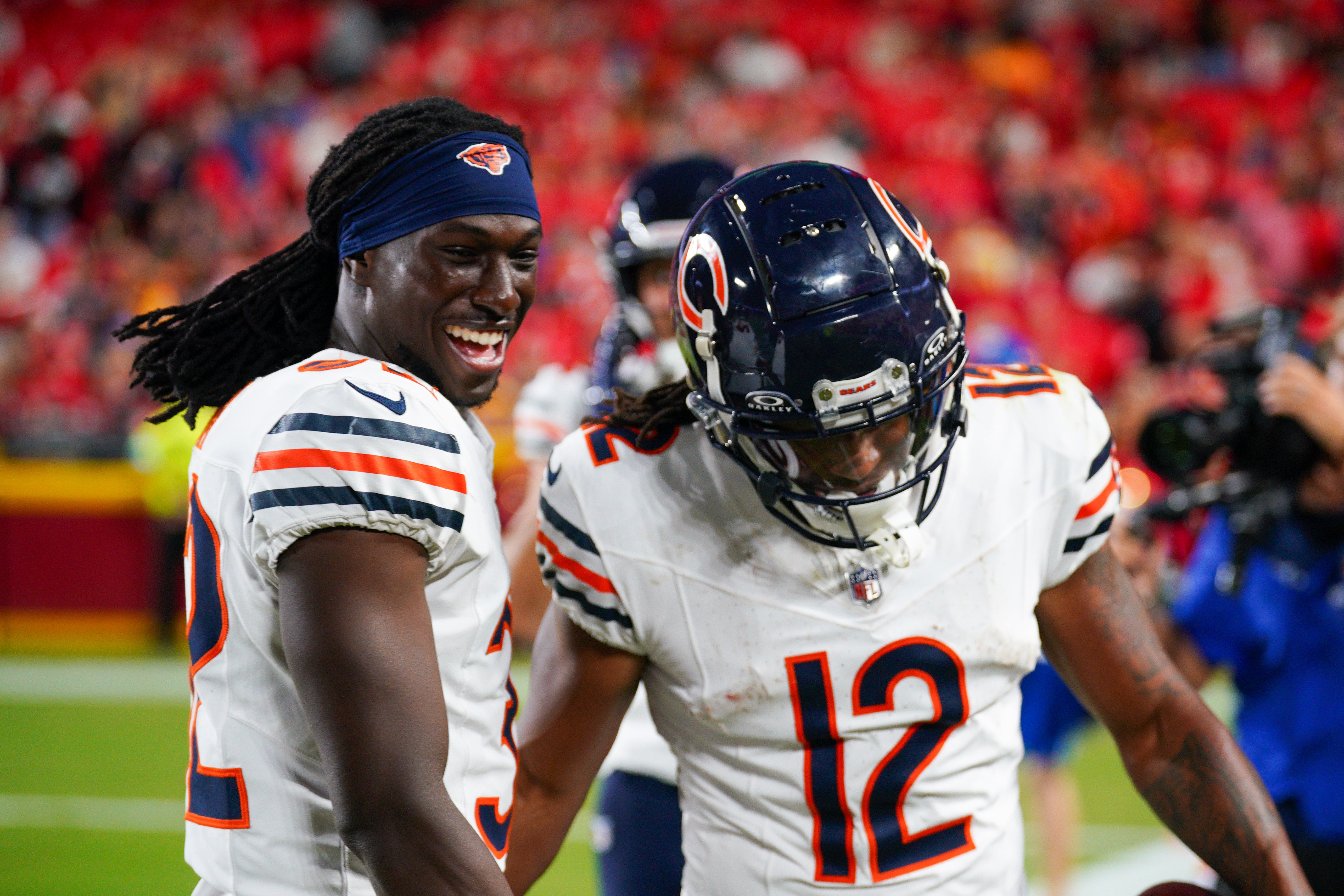 Aug 22, 2024; Kansas City, Missouri, USA; Chicago Bears wide receiver Velus Jones Jr. (12) celebrates after a score against the Kansas City Chiefs during the second half at GEHA Field at Arrowhead Stadium.