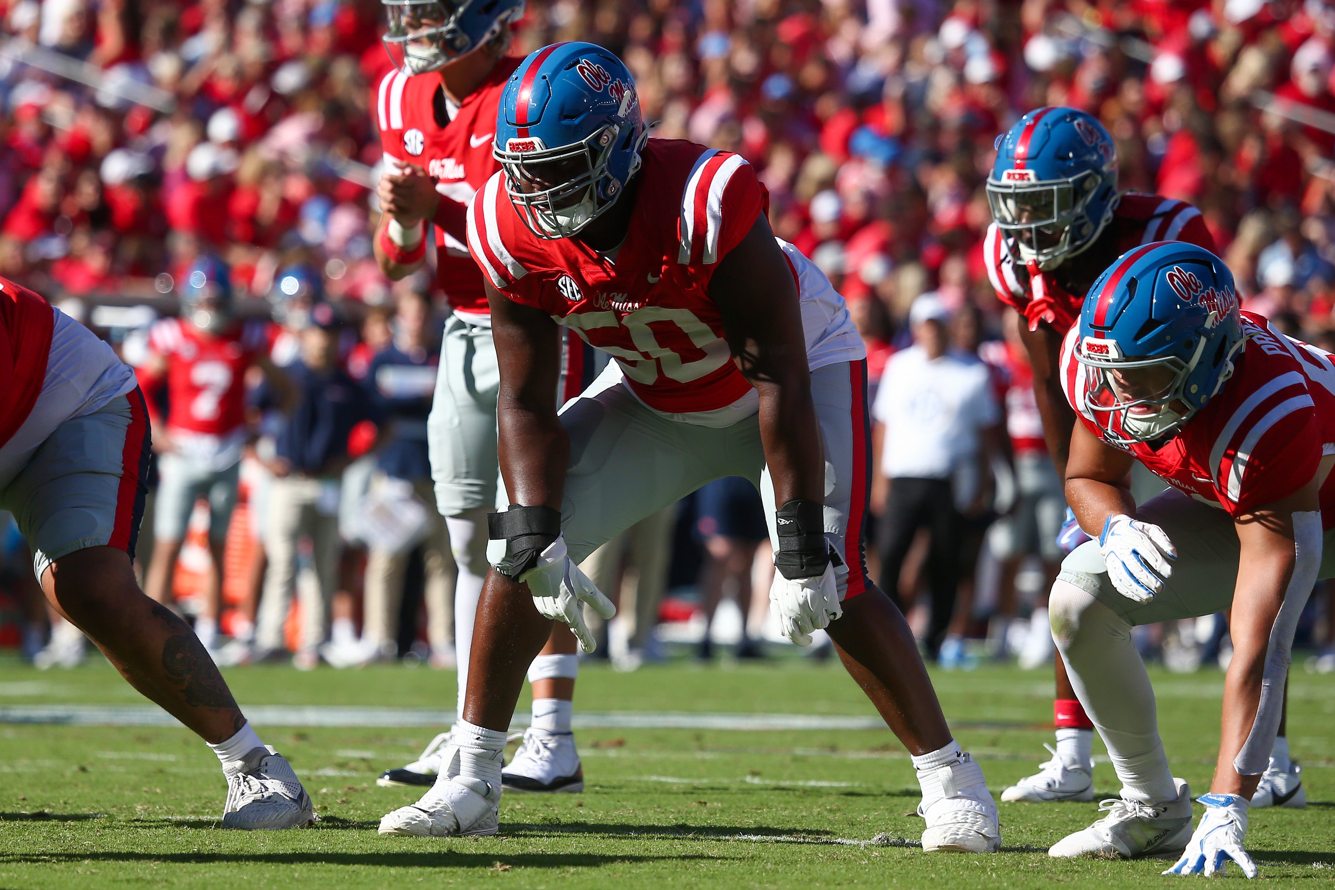 Sep 7, 2024; Oxford, Mississippi, USA; Mississippi Rebels offensive linemen Jayden Williams (50) waits for the snap during the second half against the Middle Tennessee Blue Raiders at Vaught-Hemingway Stadium.