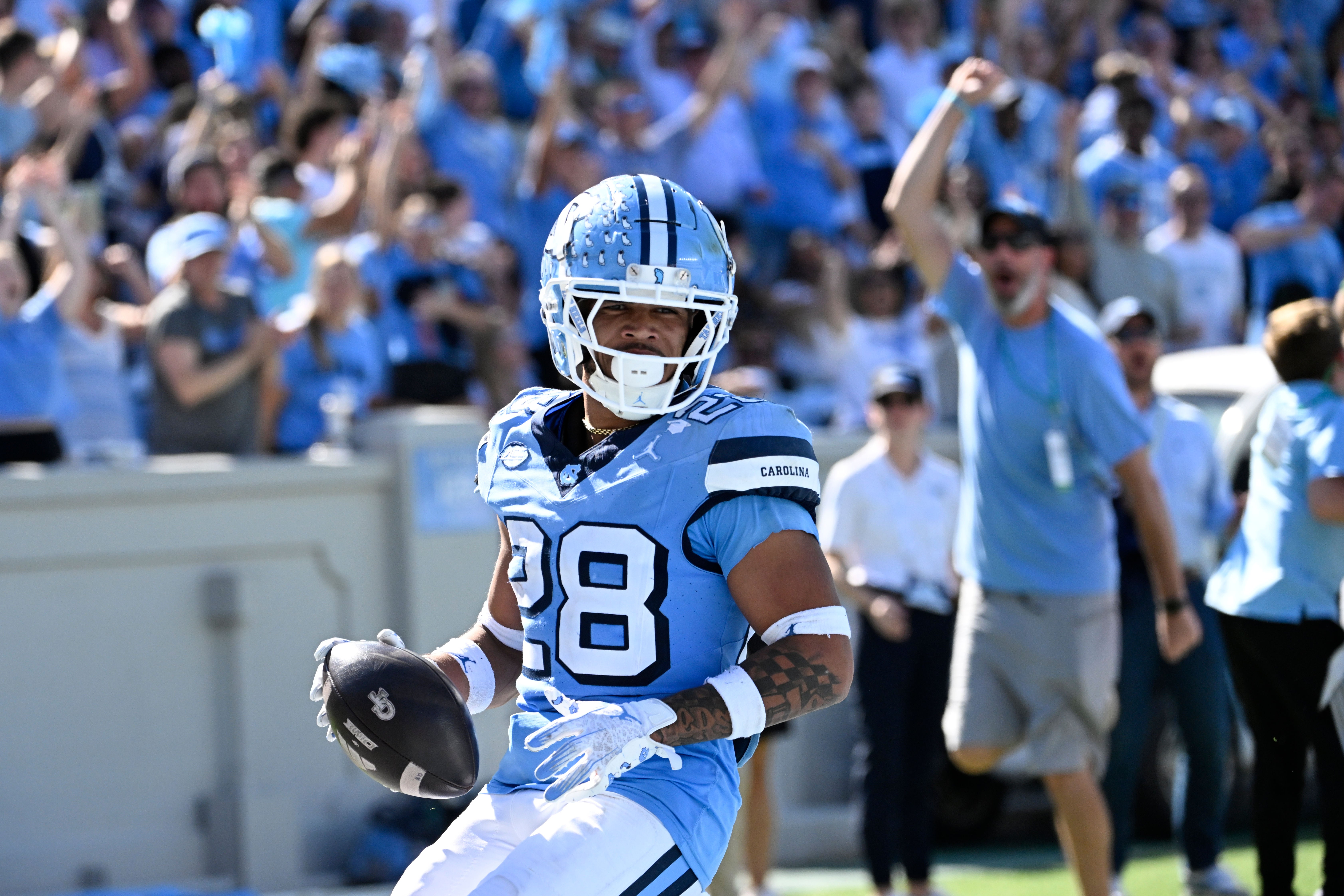 Oct 12, 2024; Chapel Hill, North Carolina, USA; North Carolina Tar Heels running back Omarion Hampton (28) runs for a touchdown in the third quarter at Kenan Memorial Stadium.