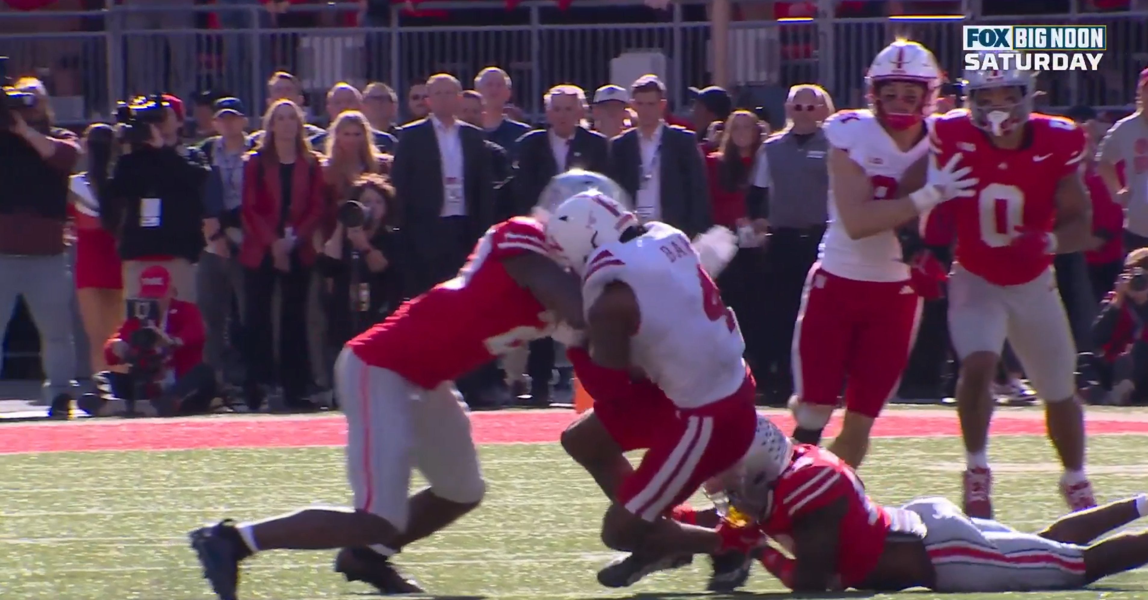 Ohio State linebacker Arvell Reese (20) was ejected for targeting after this hit on Nebraska wide receiver Jahmal Banks (4) in the fourth quarter of the Buckeyes 21-17 win over the Cornhuskers.