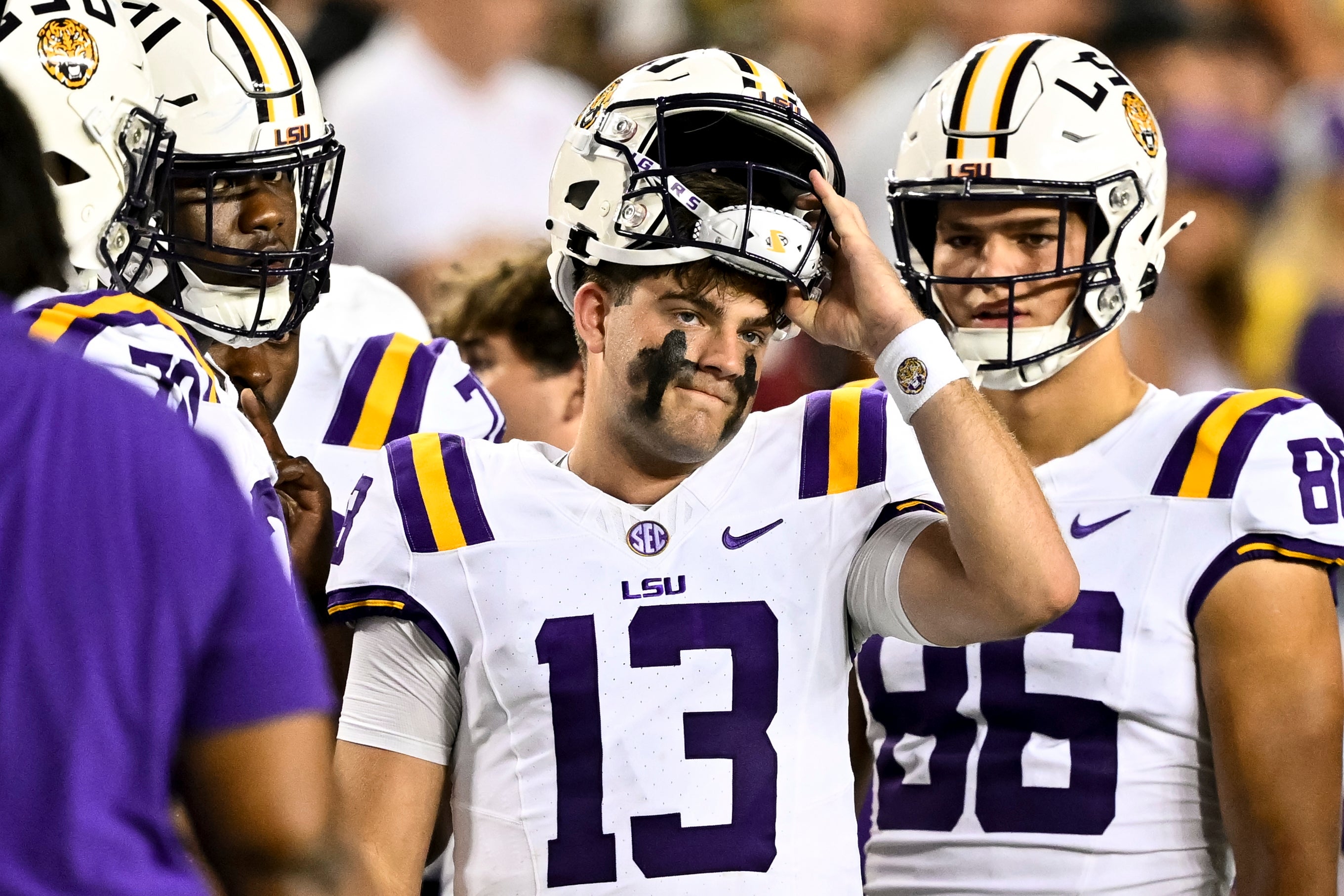 Oct 26, 2024; College Station, Texas, USA; LSU Tigers quarterback Garrett Nussmeier (13) gets ready to take the field in the first half against the Texas A&M Aggies at Kyle Field.