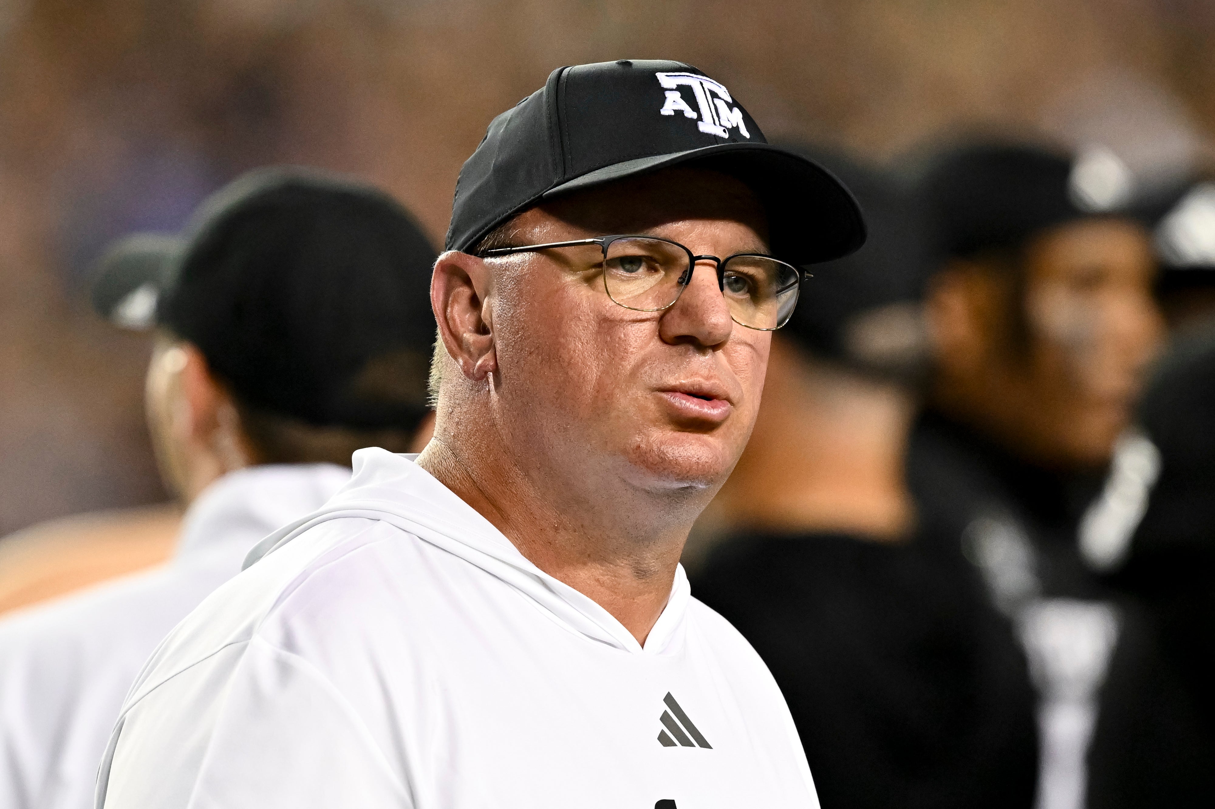 Oct 26, 2024; College Station, Texas, USA; Texas A&M Aggies head coach Mike Elko reacts to a call in the third quarter against the LSU Tigers at Kyle Field.