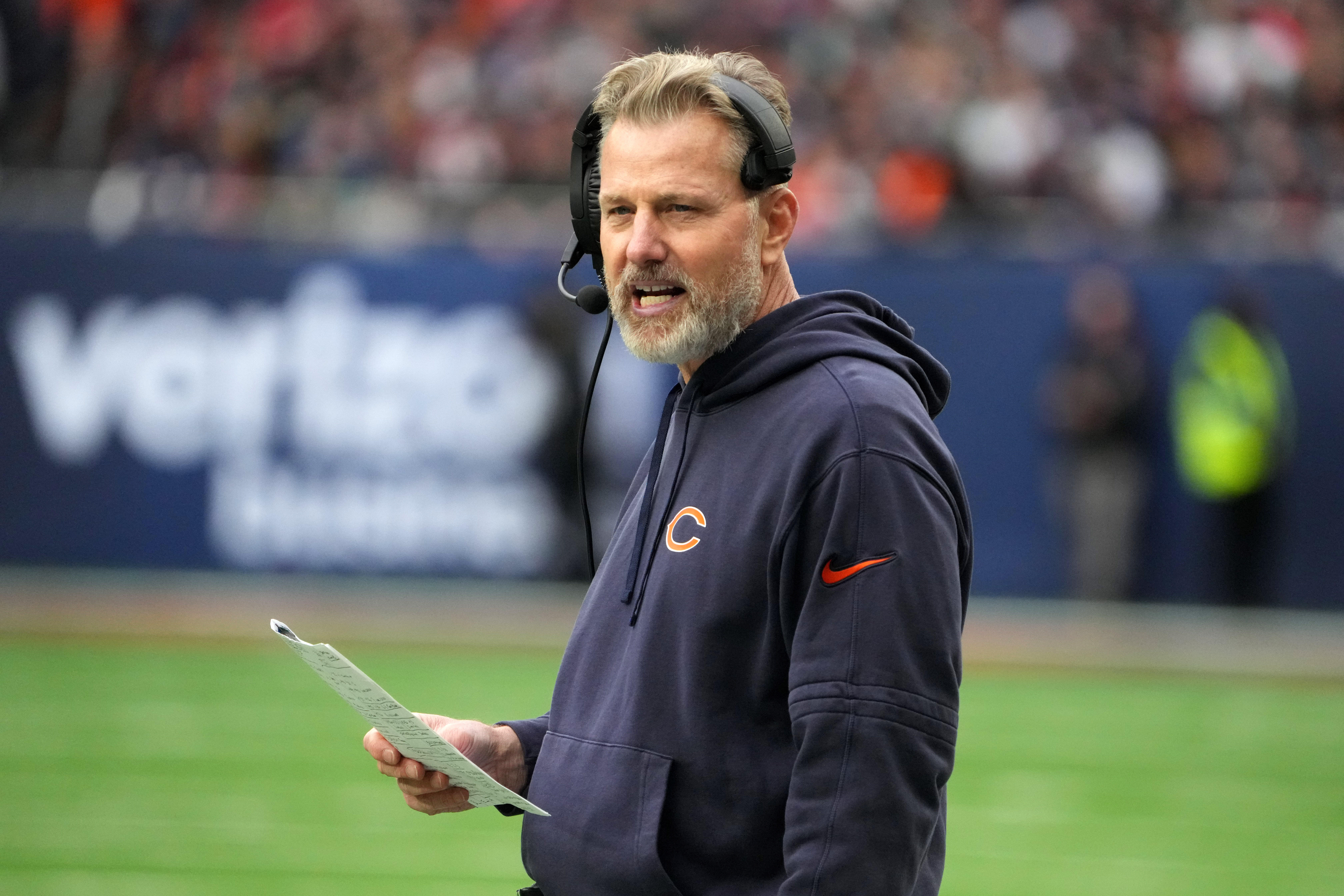 Oct 13, 2024; London, United Kingdom; Chicago Bears coach Matt Eberflus watches from the sidelines against the Jacksonville Jaguars in the second half during an NFL International Series game at Tottenham Hotspur Stadium.