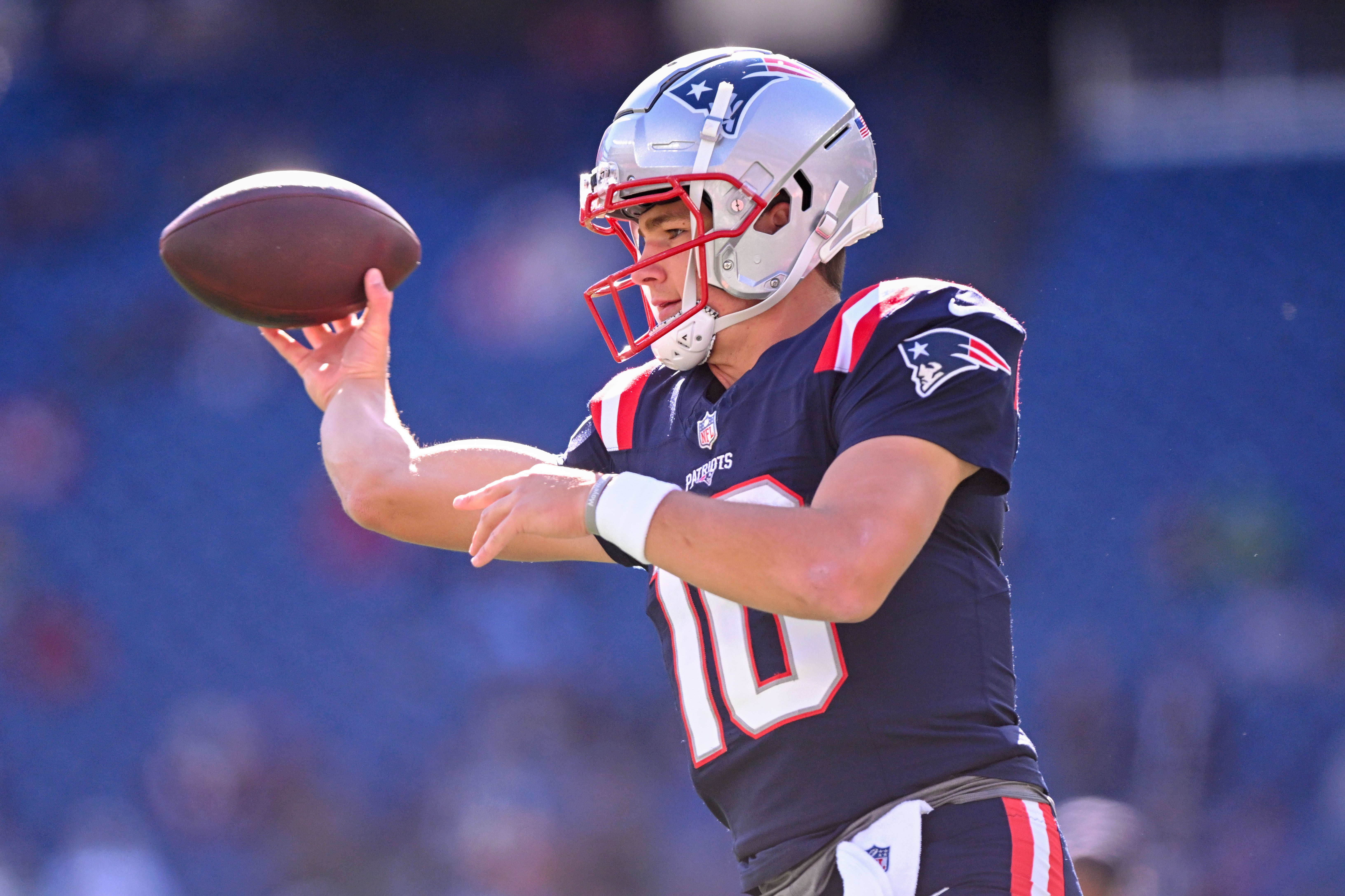Oct 27, 2024; Foxborough, Massachusetts, USA; New England Patriots quarterback Drake Maye (10) throws the ball during warmups before a game against the New York Jets at Gillette Stadium.