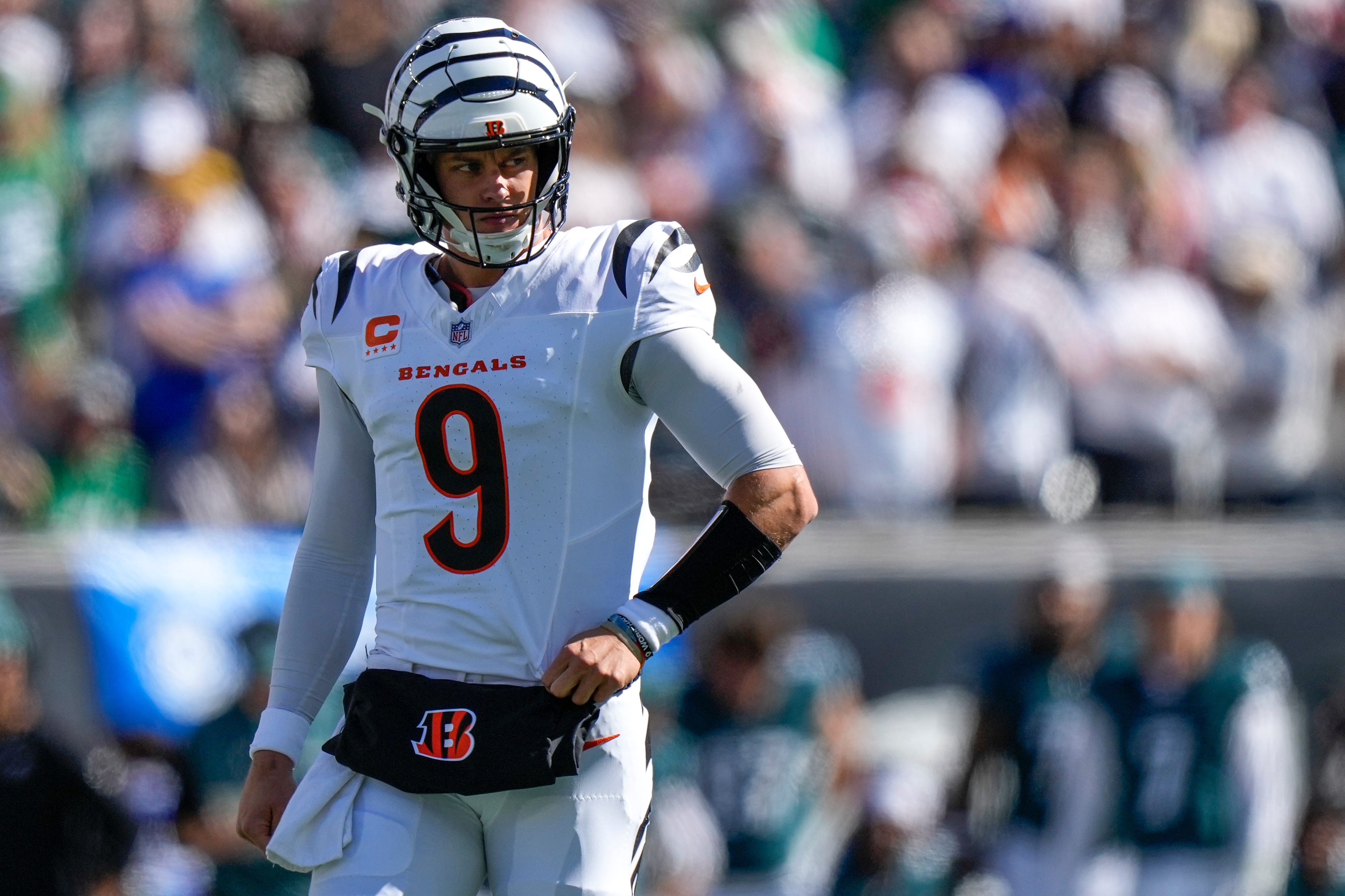 Cincinnati Bengals quarterback Joe Burrow (9) looks back to the sideline before a play in the first quarter of the NFL Week 8 game between the Cincinnati Bengals and the Philadelphia Eagles at Paycor Stadium in downtown Cincinnati on Sunday, Oct. 27, 2024.