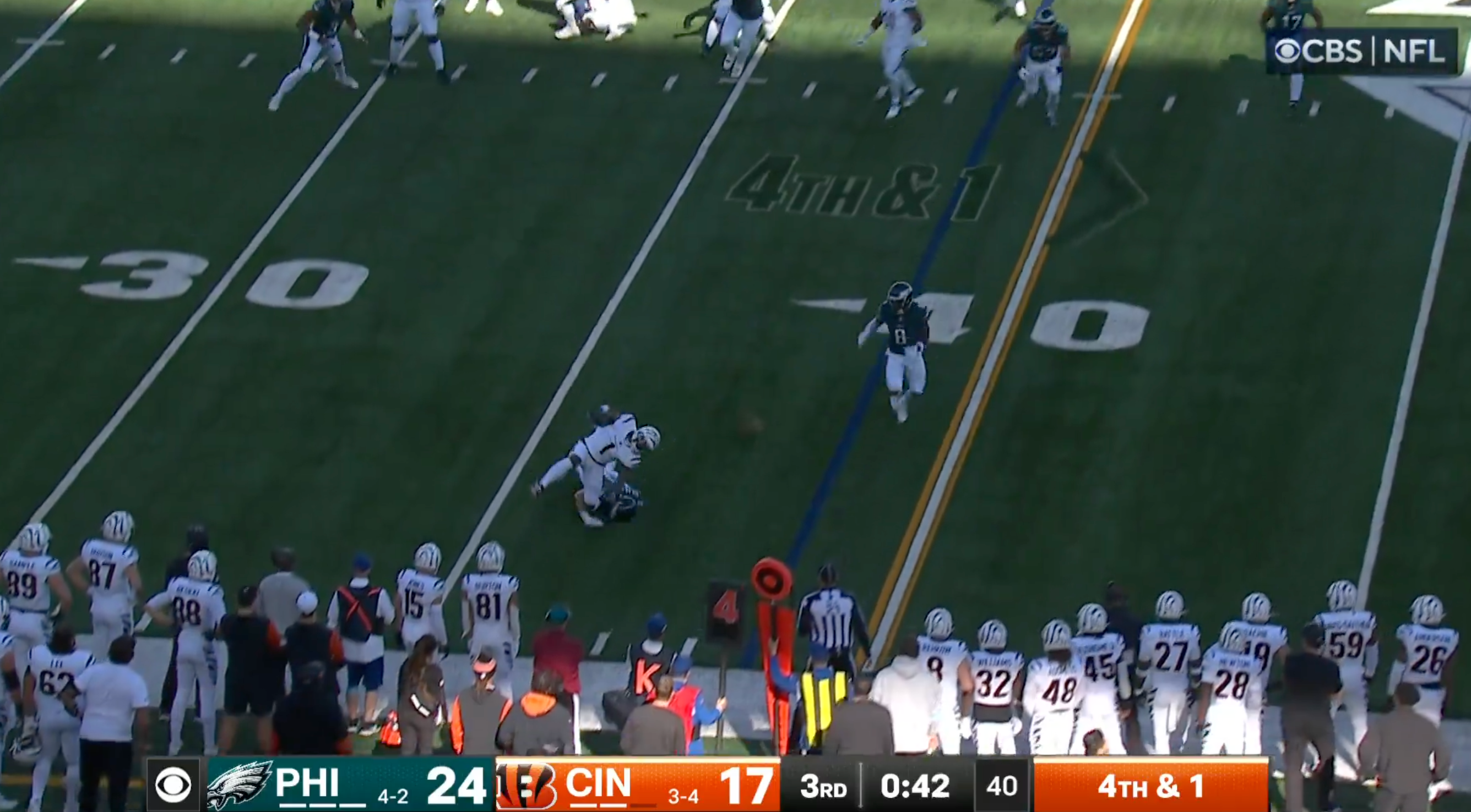 Philadelphia Eagles rookie cornerback Cooper DeJean shuts down Cincinnati Bengals running back Ja'Marr Chase