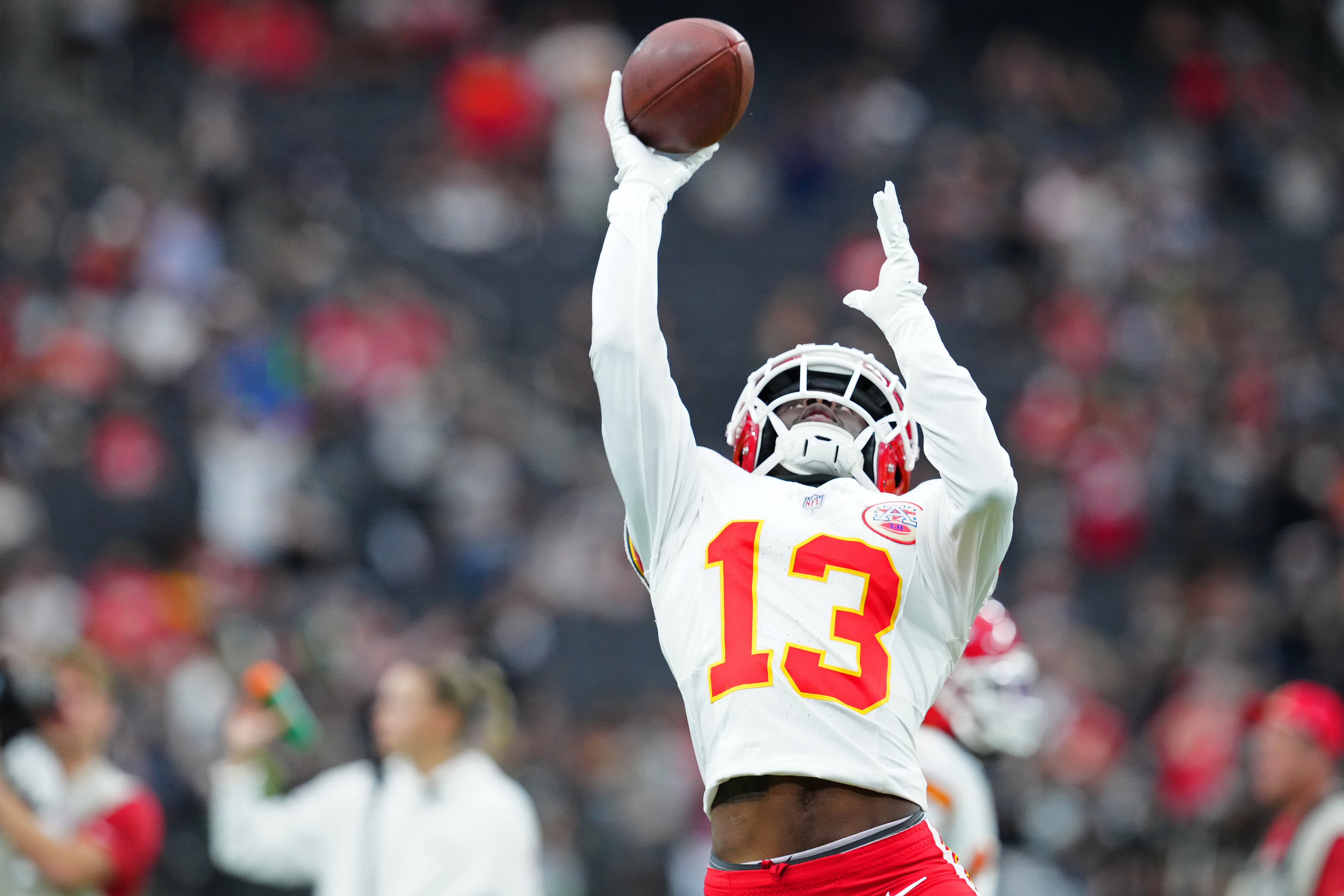 Oct 27, 2024; Paradise, Nevada, USA; Kansas City Chiefs safety Nazeeh Johnson (13) warms up before a game against the Las Vegas Raiders at Allegiant Stadium.