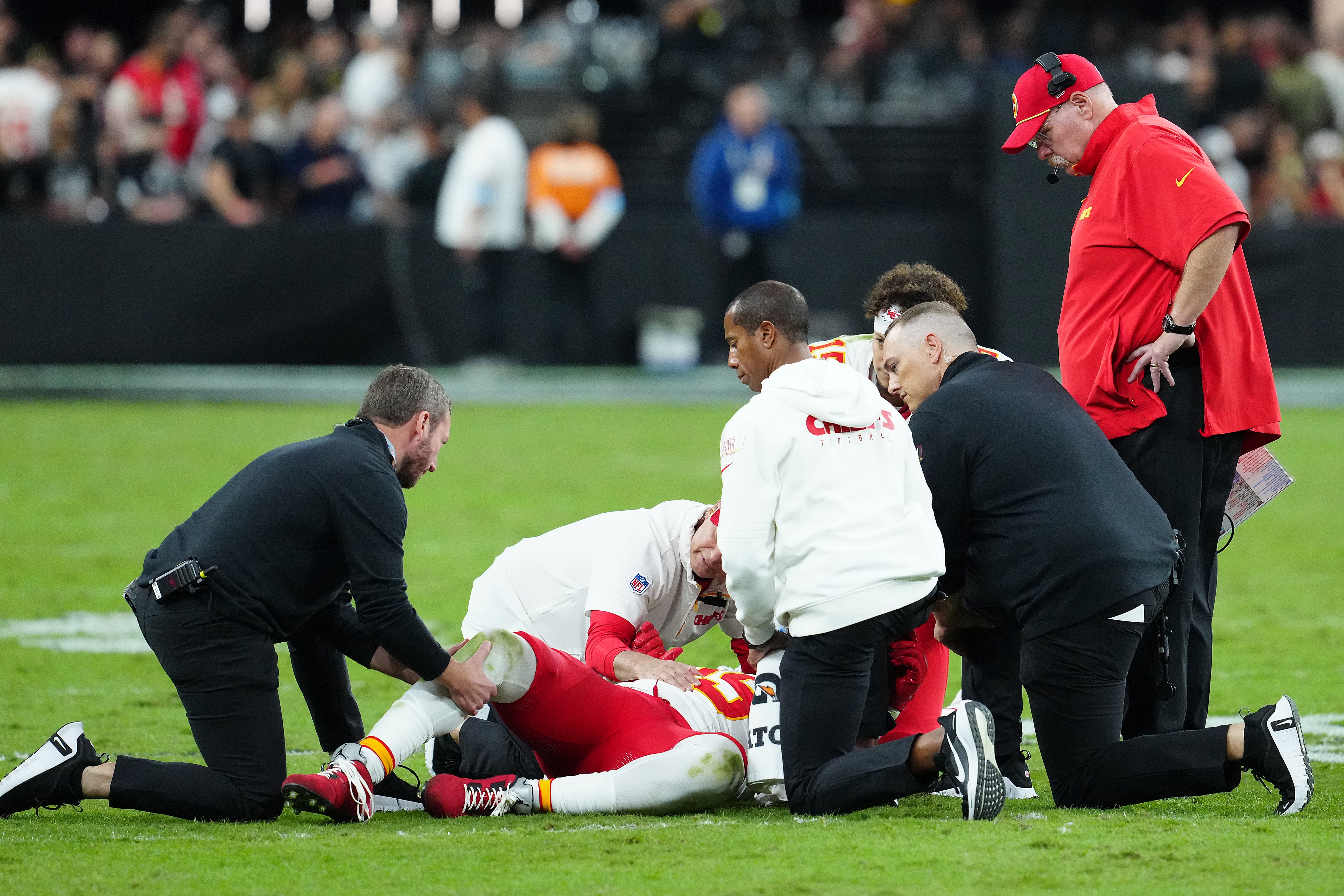 Oct 27, 2024; Paradise, Nevada, USA; Kansas City Chiefs tight end Jody Fortson (89) is tended to by medical staff after sustaining an injury against the Las Vegas Raiders during the fourth quarter at Allegiant Stadium.