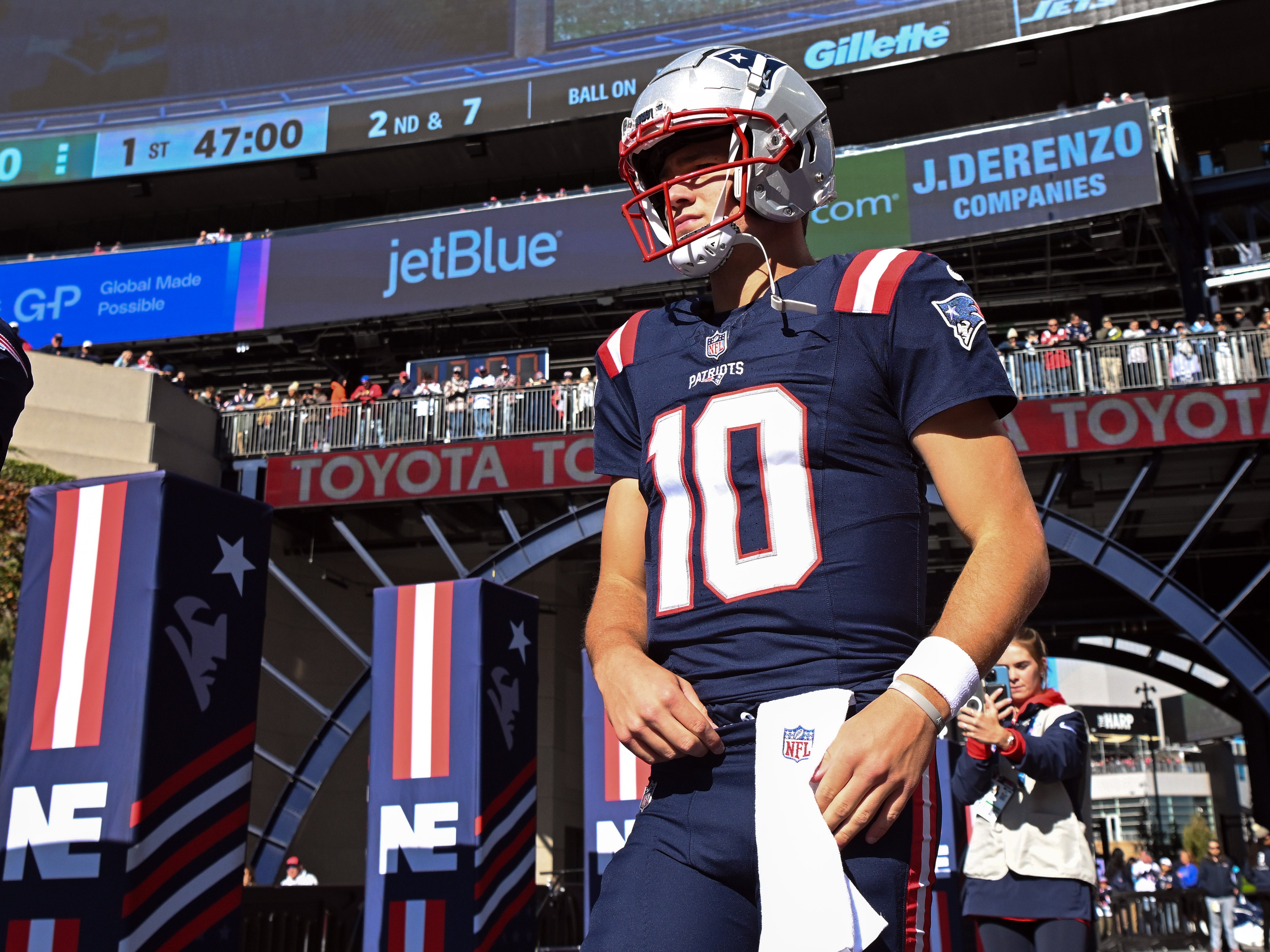 Oct 27, 2024; Foxborough, Massachusetts, USA; New England Patriots quarterback Drake Maye (10) walks onto the field before a game against the New York Jets at Gillette Stadium.
