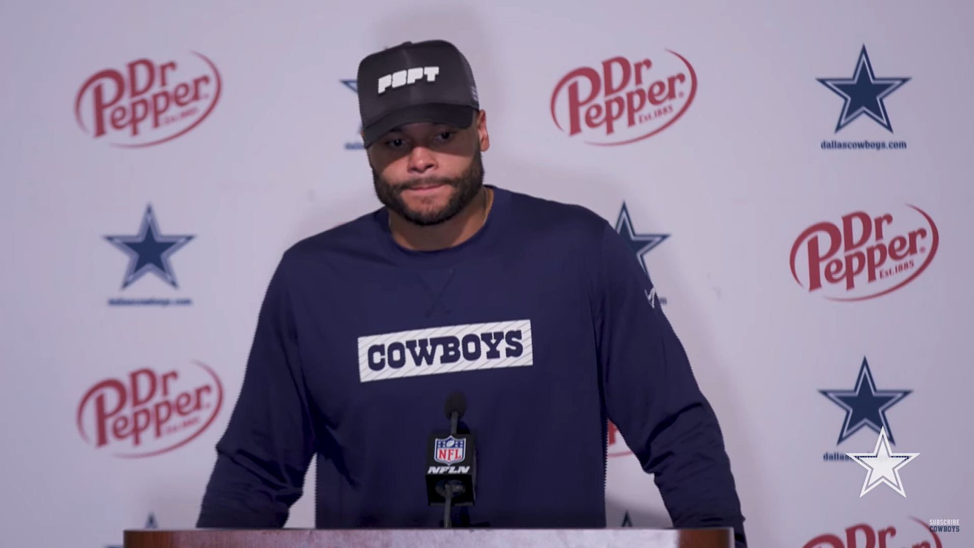 Dallas Cowboys quarterback Dak Prescott talks to reporters following loss to San Francisco.