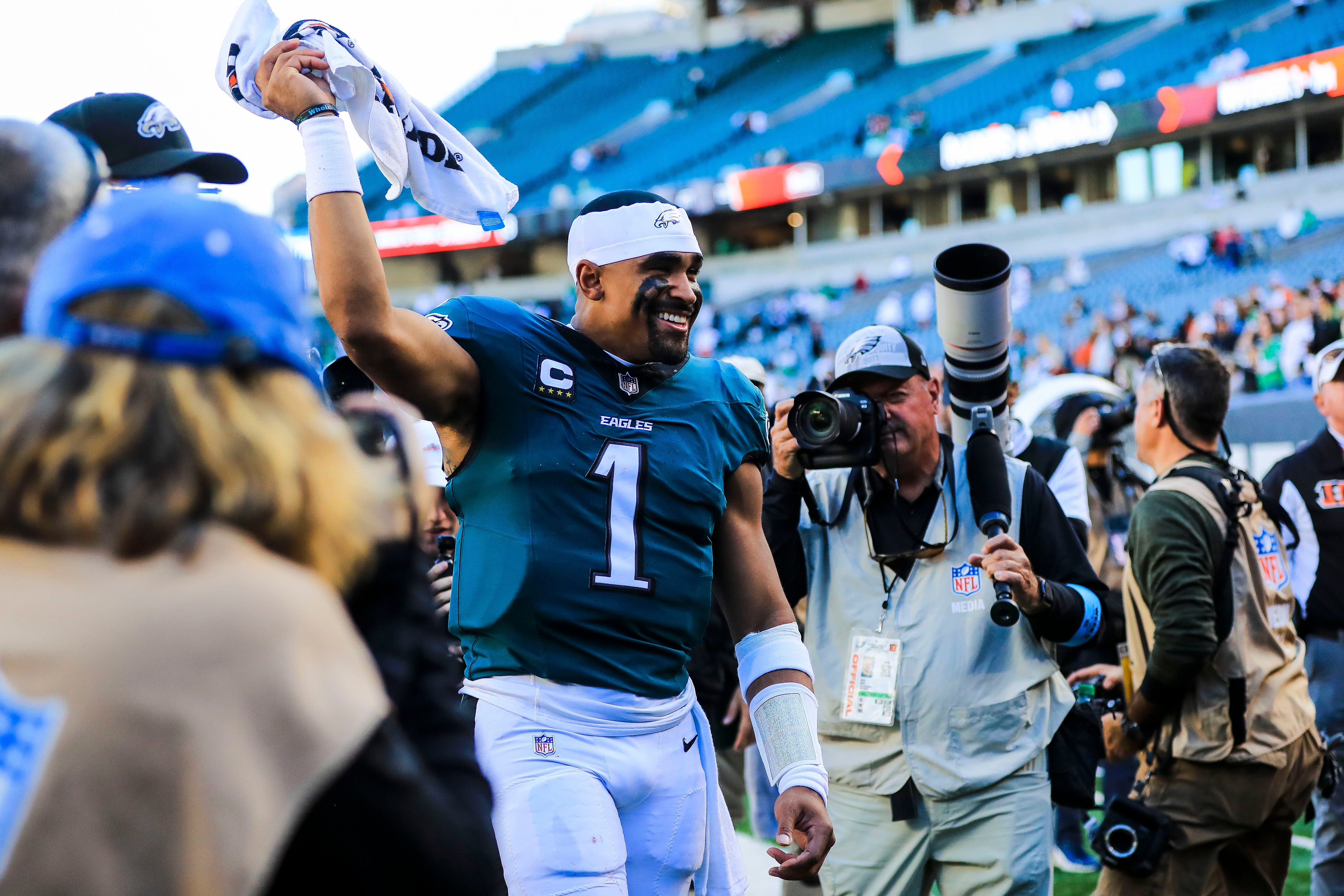 Philadelphia Eagles quarterback Jalen Hurts (1) walks off the field after the victory over the Cincinnati Bengals at Paycor Stadium.