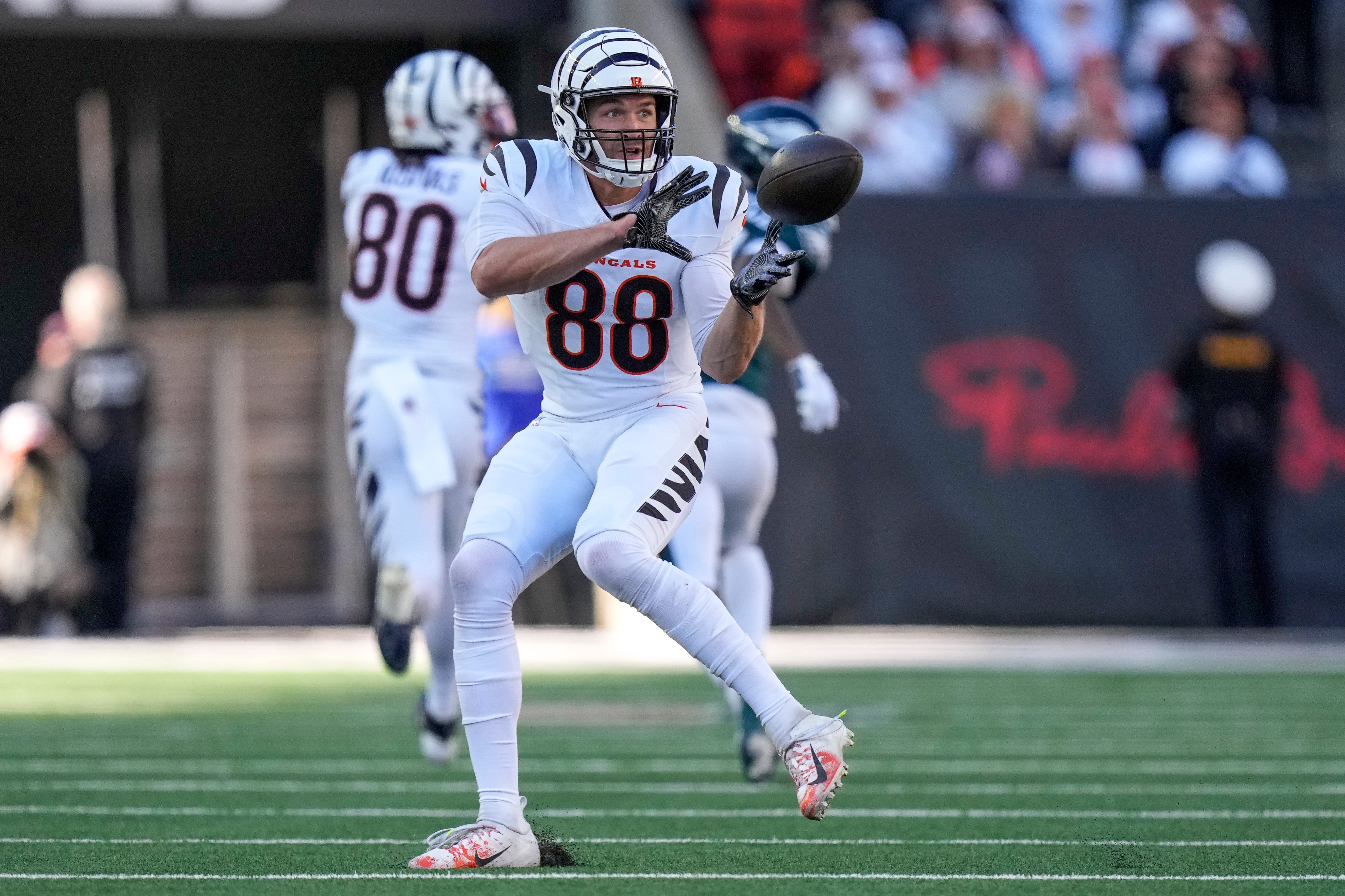 Cincinnati Bengals tight end Mike Gesicki (88) catches a pass in the fourth quarter of the NFL Week 8 game between the Cincinnati Bengals and the Philadelphia Eagles at Paycor Stadium in downtown Cincinnati on Sunday, Oct. 27, 2024. The Bengals fell to 3-5 on the season with a 37-17 loss to the Eagles at home.