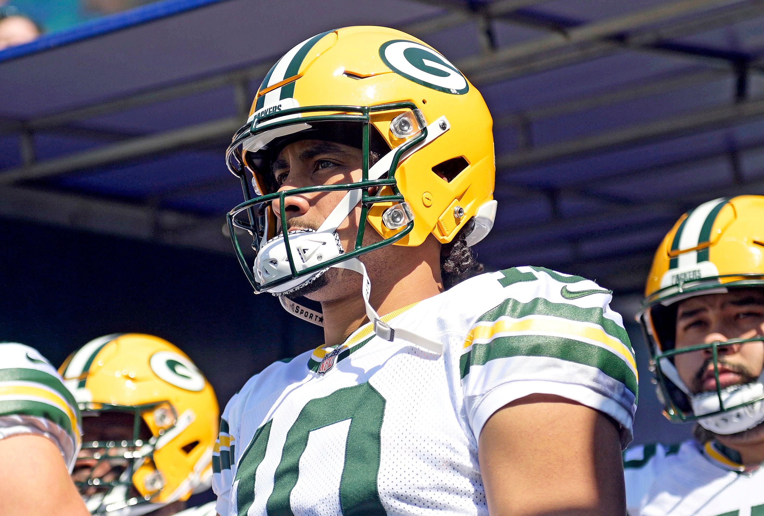 Green Bay Packers quarterback Jordan Love (10) takes the field before the game against the Jacksonville Jaguars at EverBank Stadium.
