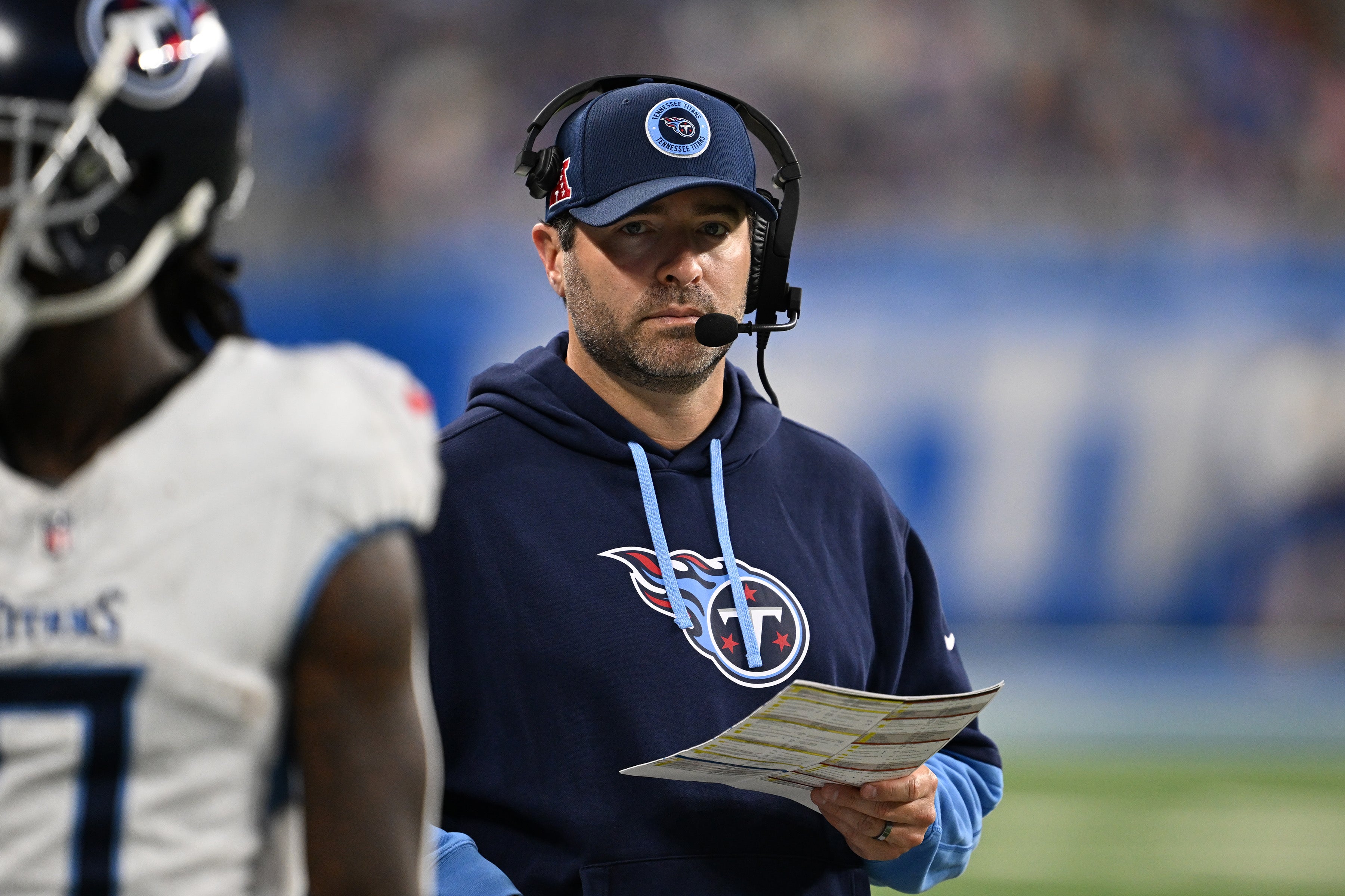 Tennessee Titans head coach Brian Callahan on the sidelines during their game against the Detroit Lions in the fourth quarter at Ford Field. Lon Horwedel-Imagn Images 