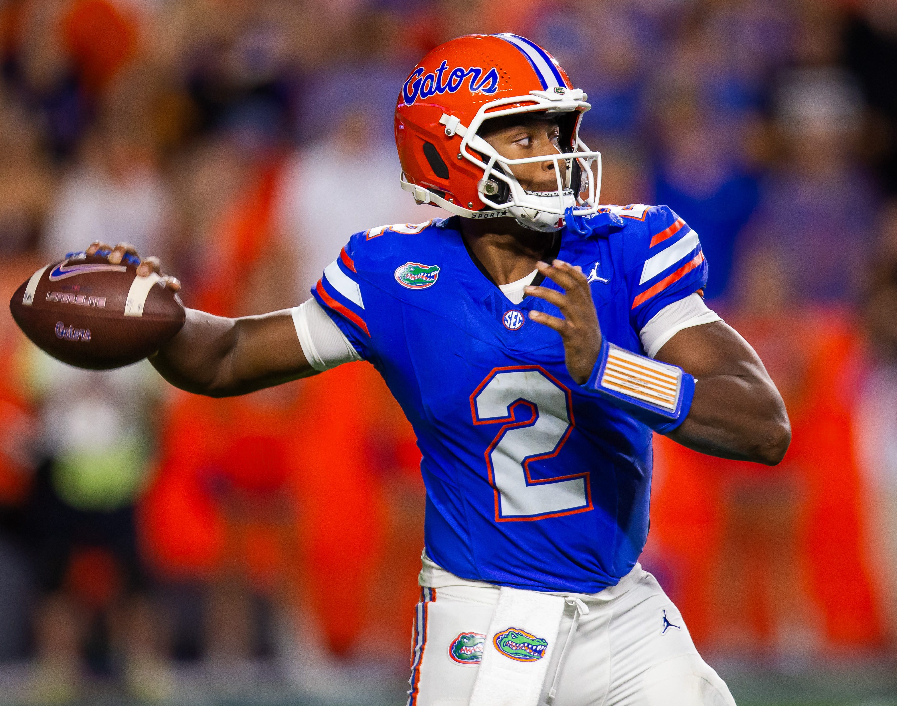 Florida Gators quarterback DJ Lagway (2) looks to pass during the first half at Ben Hill Griffin Stadium in Gainesville, FL on Saturday, October 19, 2024 against the Kentucky Wildcats.