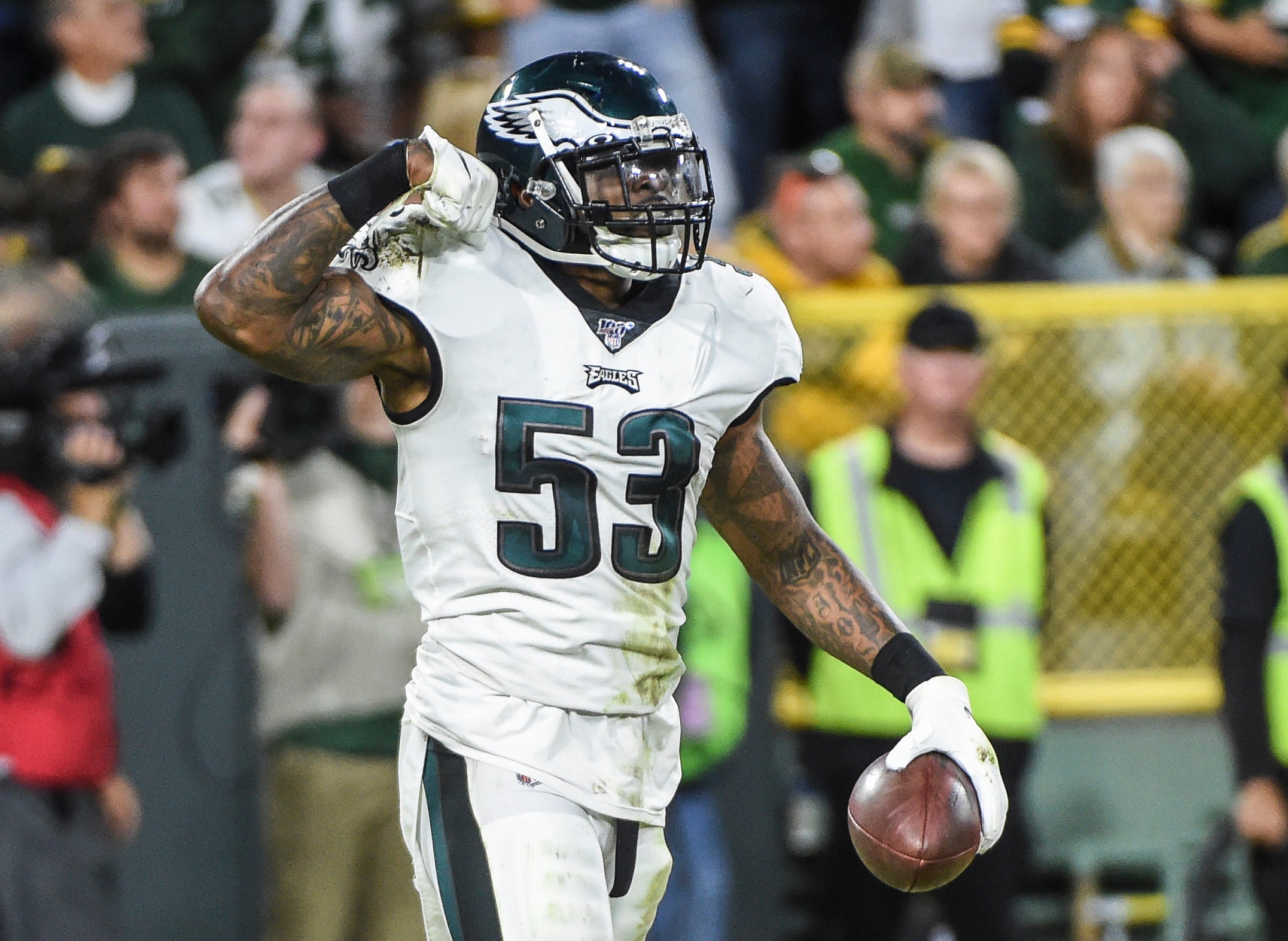 Philadelphia Eagles outside linebacker Nigel Bradham (53) reacts after intercepting a pass in the final seconds of the fourth quarter to help the Eagles beat the Green Bay Packers at Lambeau Field.