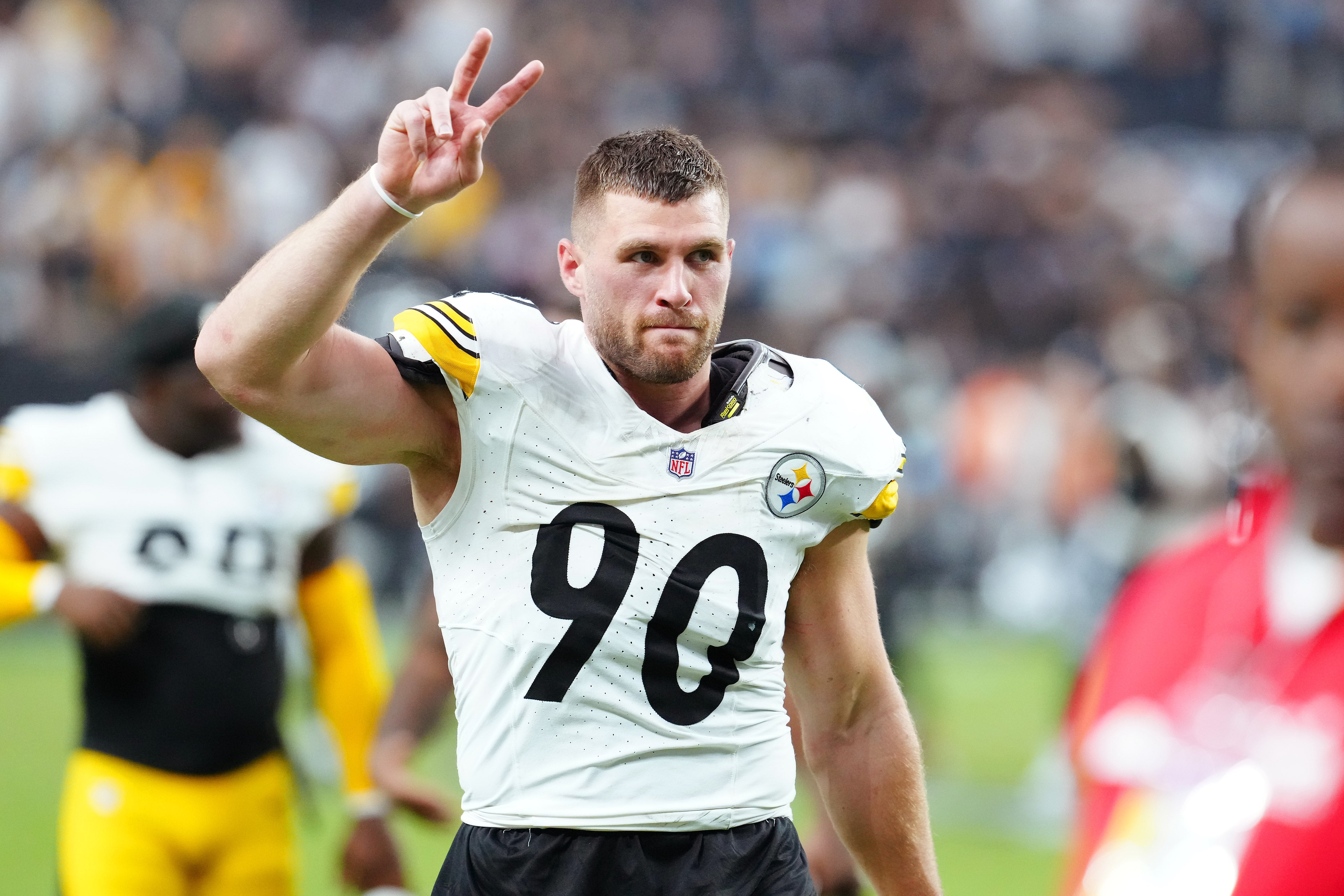 Oct 13, 2024; Paradise, Nevada, USA; Pittsburgh Steelers linebacker T.J. Watt (90) salutes the crowd after the Steelers defeated the Las Vegas Raiders at Allegiant Stadium.