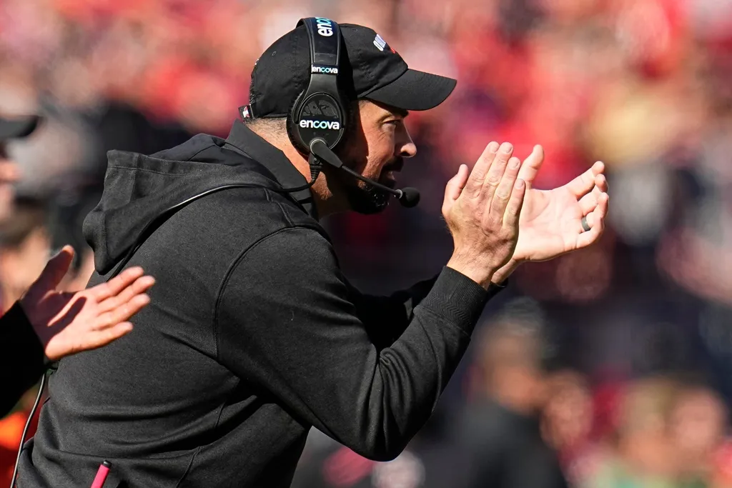 Ohio State Buckeyes head coach Ryan Day applauds his defense during the second half of the NCAA football game against the Nebraska Cornhuskers at Ohio Stadium in Columbus on Saturday, Oct. 26, 2024. O...