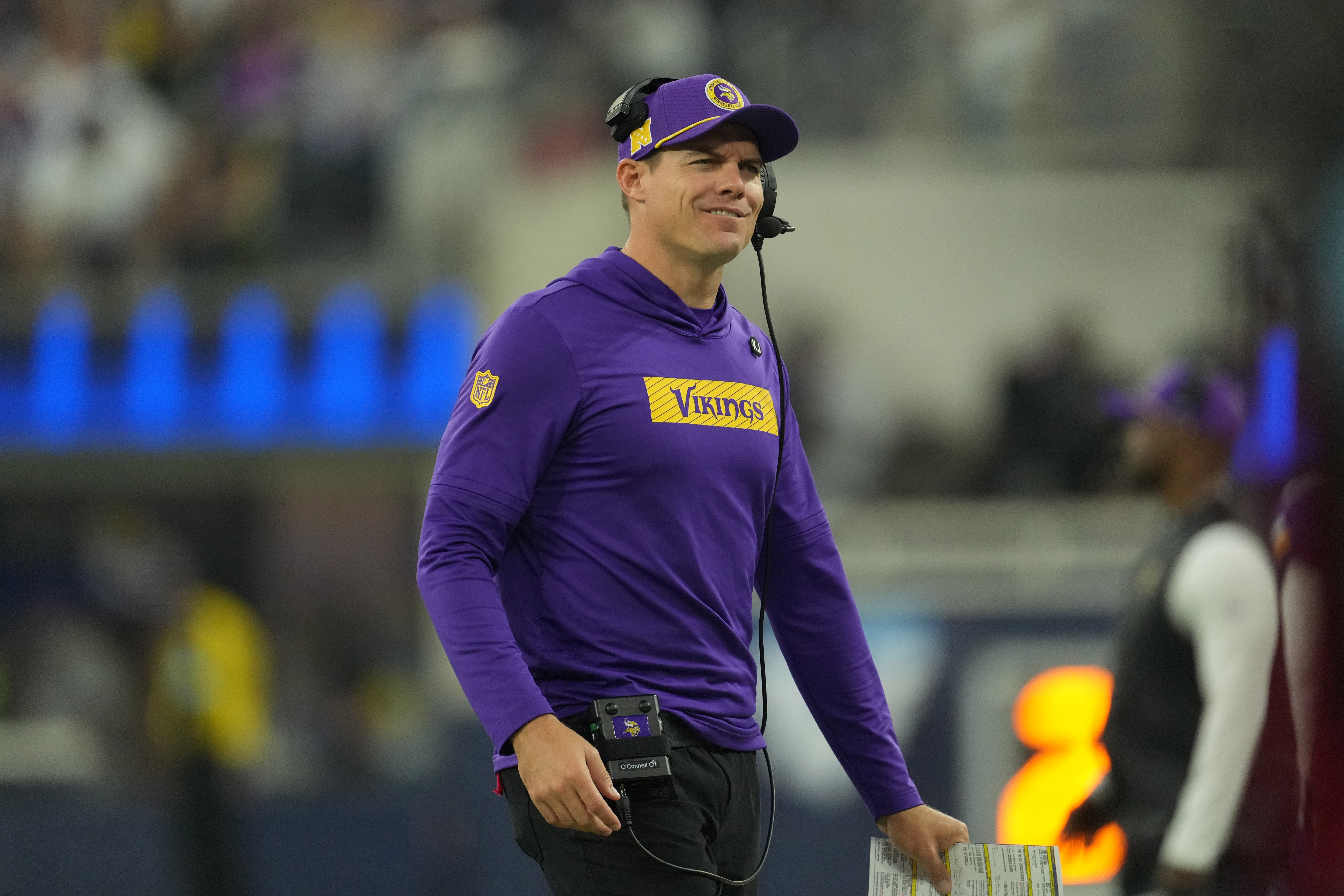 Oct 24, 2024; Inglewood, California, USA; Minnesota Vikings coach Kevin O'Connell reacts against the Los Angeles Rams in the first half at SoFi Stadium.