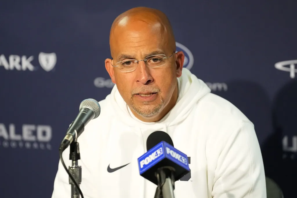 Penn State Nittany Lions head coach James Franklin speaks to the media during the post game press conference following the game against the Wisconsin Badgers at Camp Randall Stadium.